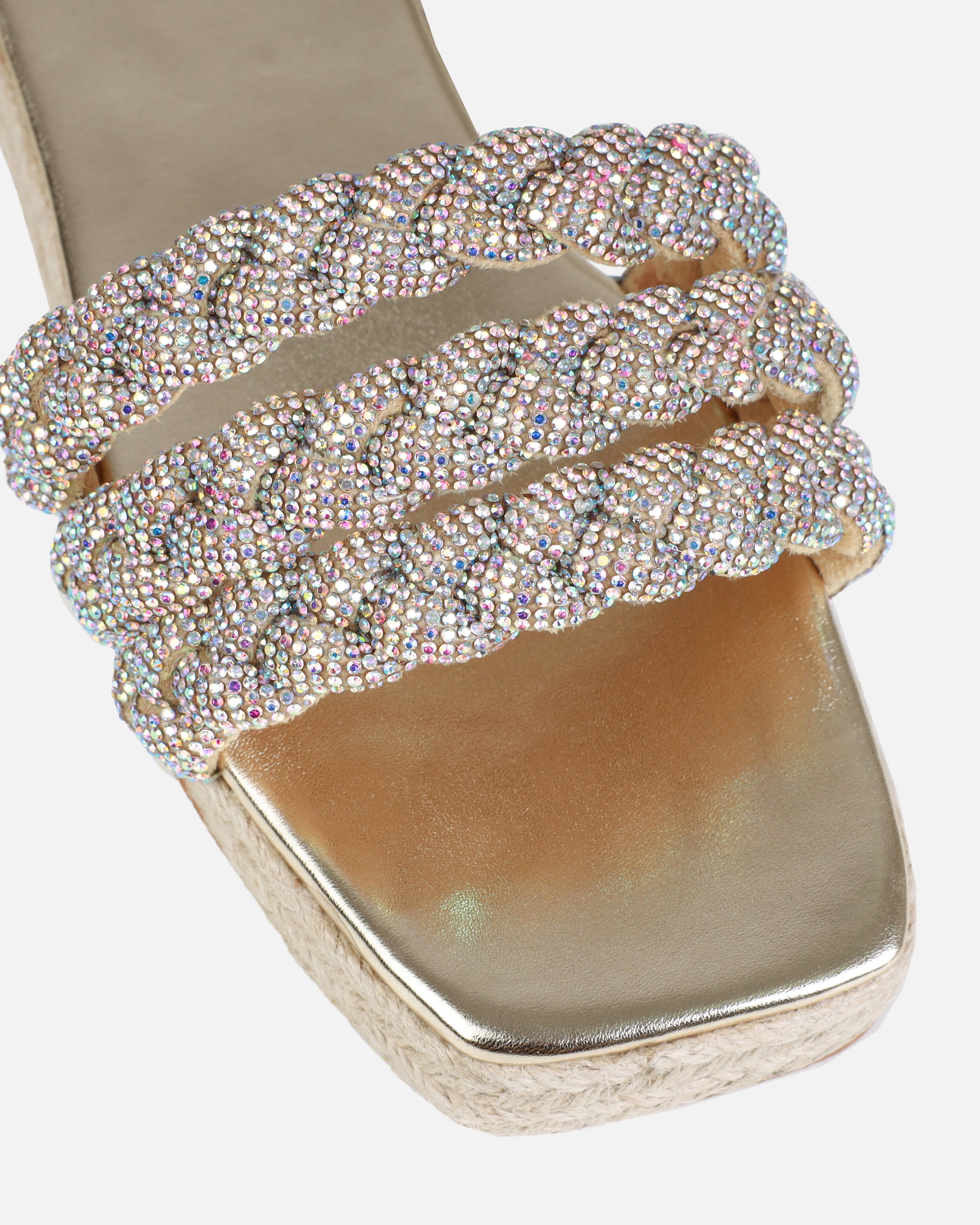 Darcie Gold Diamante Espadrille Flatform Slides | SIMMI London