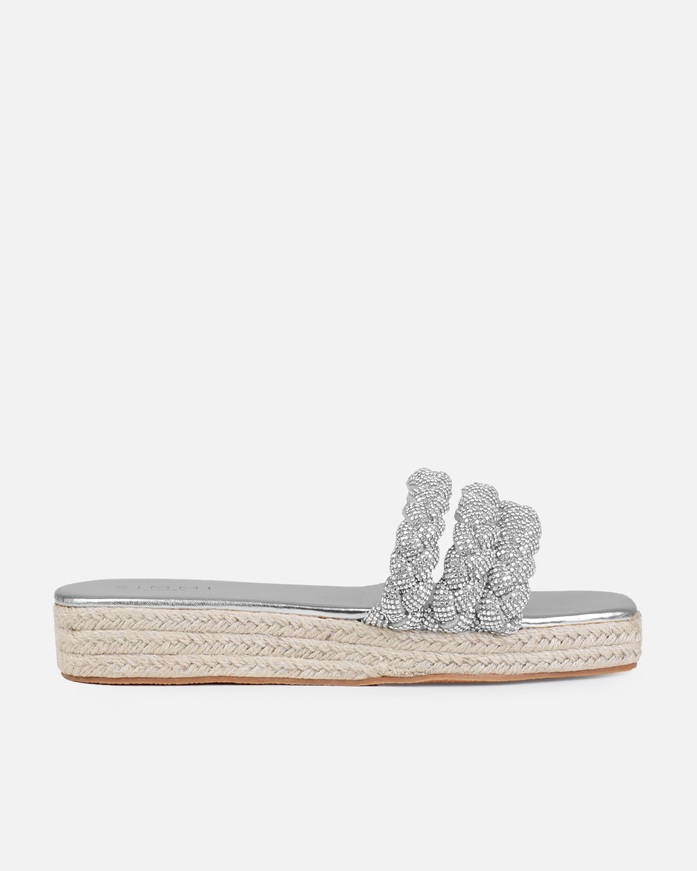 Darcie Silver Diamante Espadrille Flatform Slides | SIMMI London