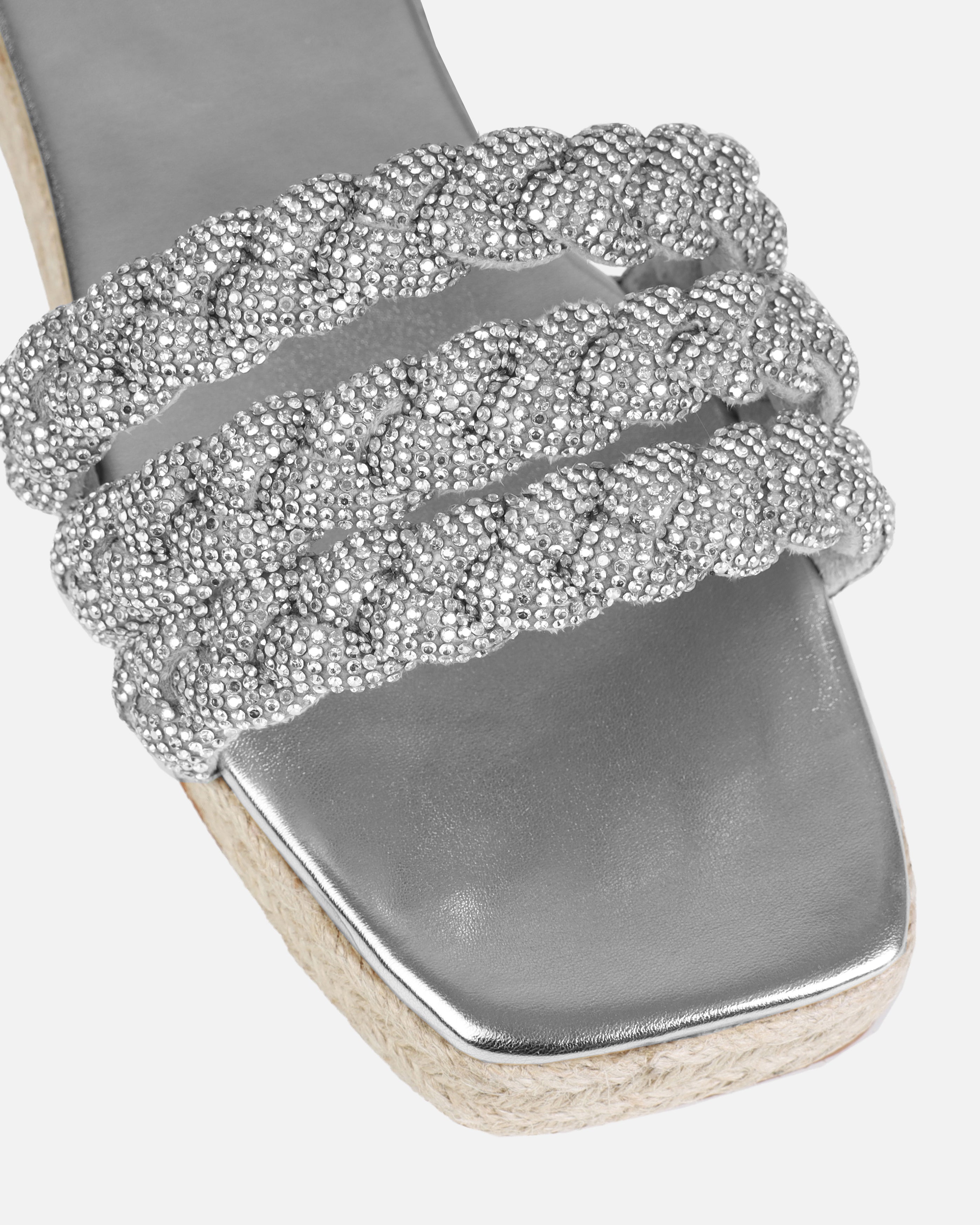 Darcie Silver Diamante Espadrille Flatform Slides | SIMMI London