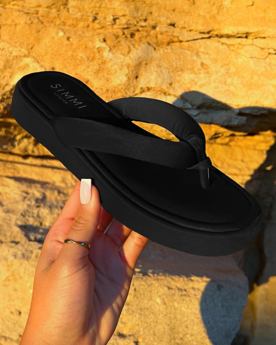 Tasha Ghouri Rowena Black Lycra Toe Thong Flatform Sandals | SIMMI London