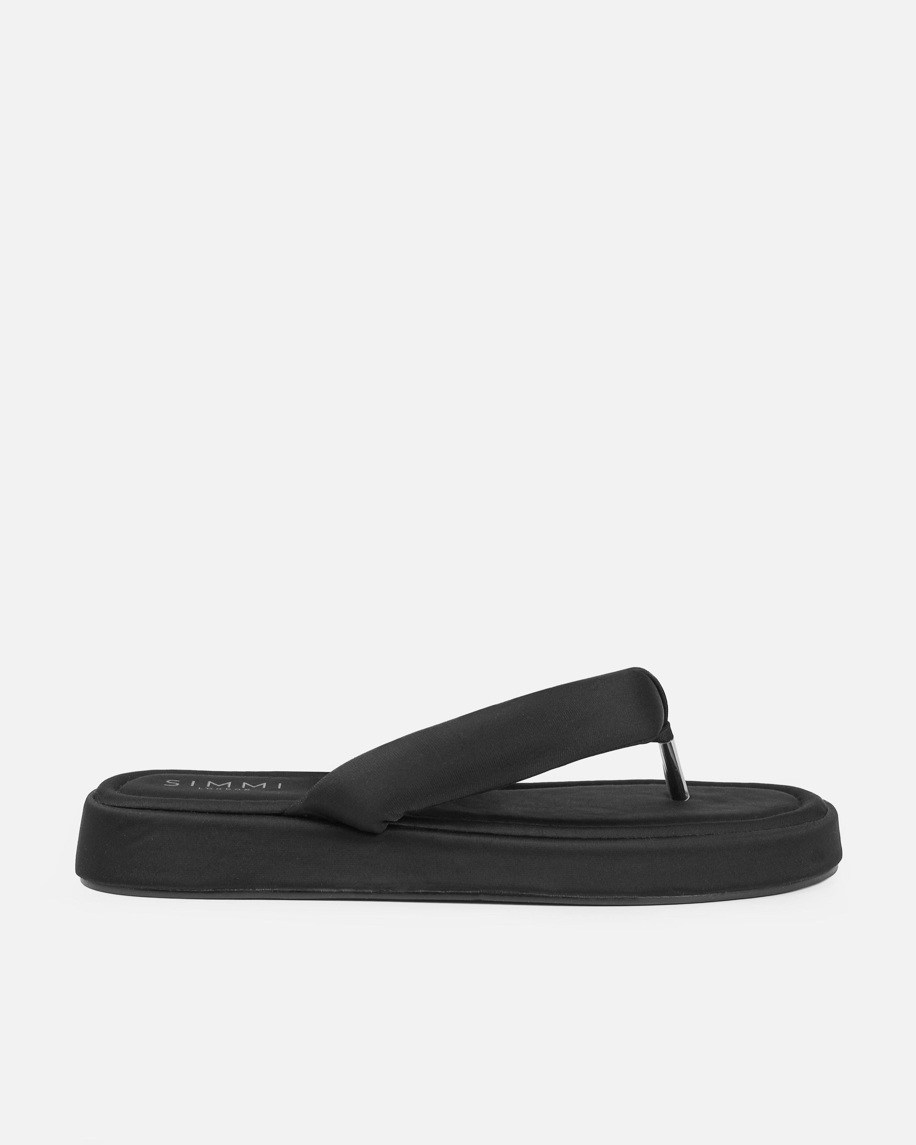Tasha Ghouri Rowena Black Lycra Toe Thong Flatform Sandals | SIMMI London
