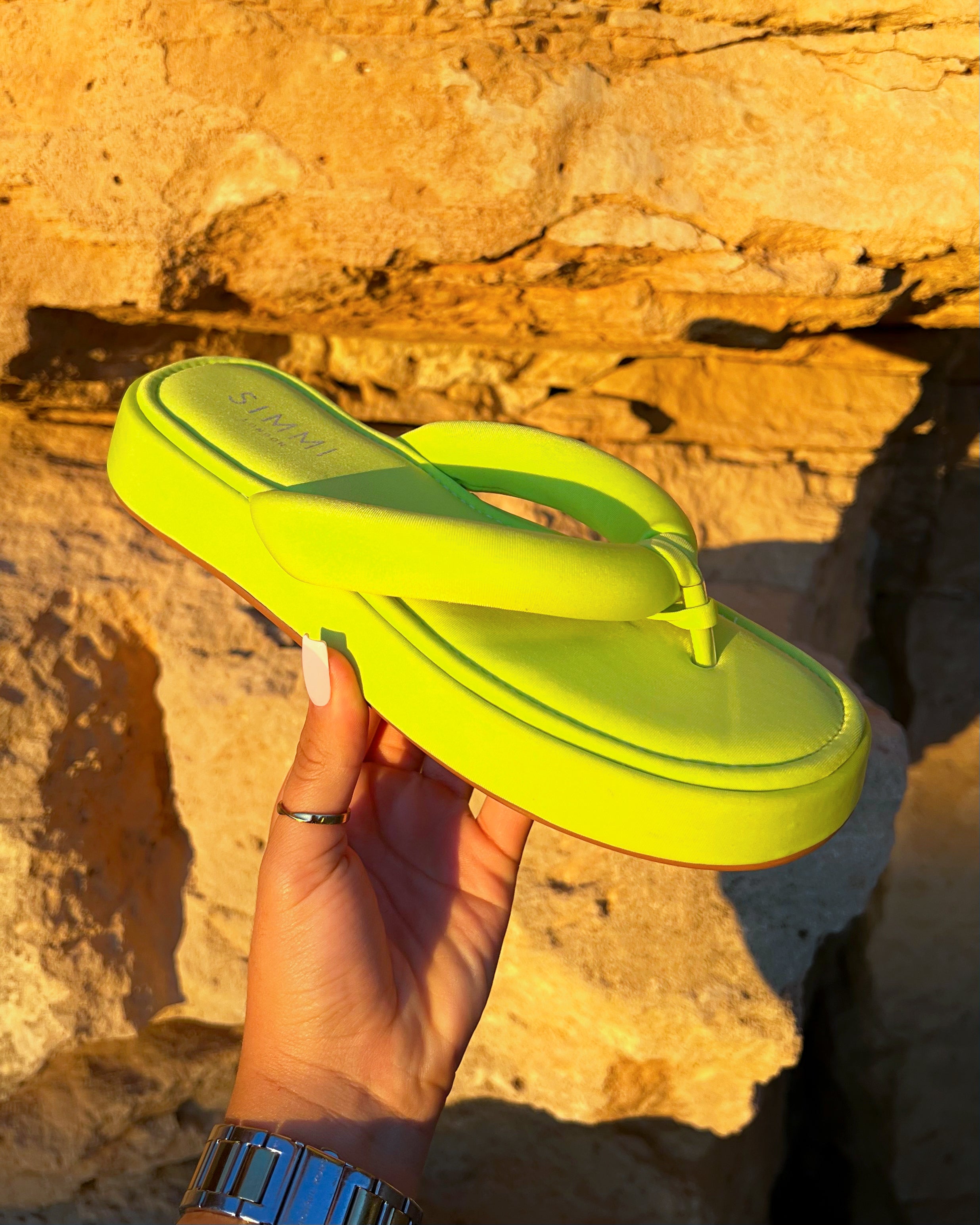 Tasha Ghouri Rowena Lime Green Lycra Toe Thong Flatform Sandals | SIMMI London