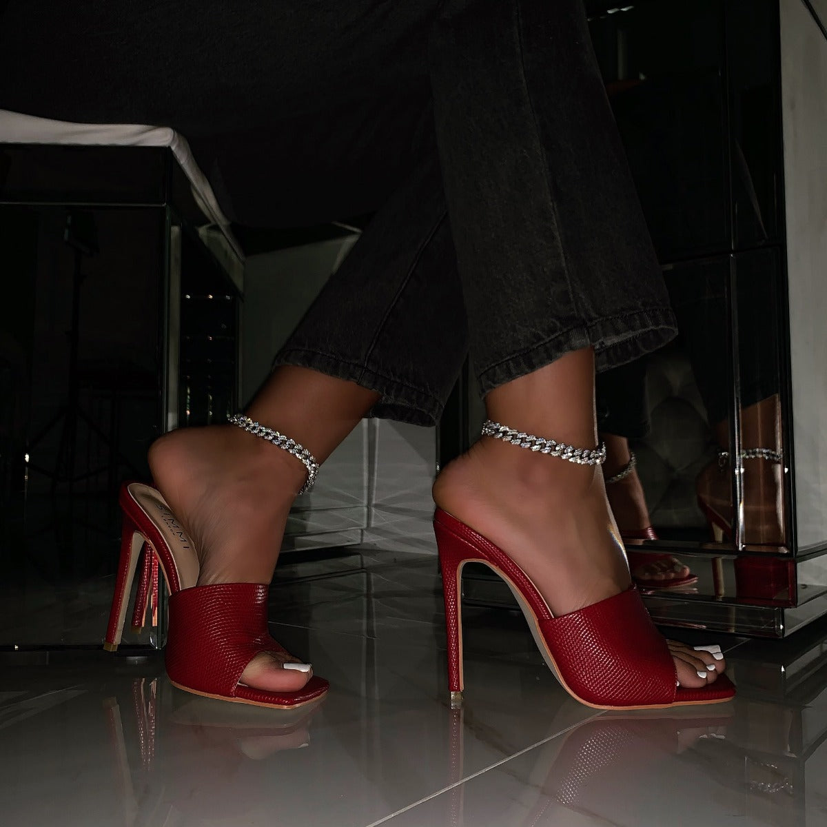 Amalie Red Snake Print Stiletto Mule Heels