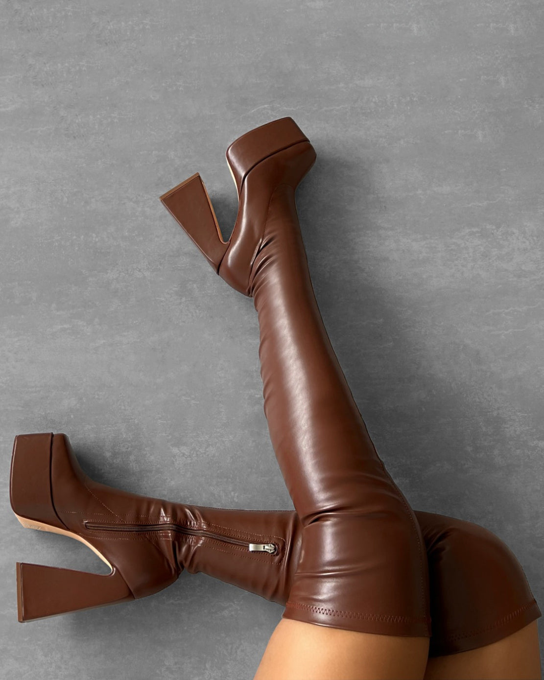 Ajvani Brown Platform Block Heel Thigh High Boots SIMMI London