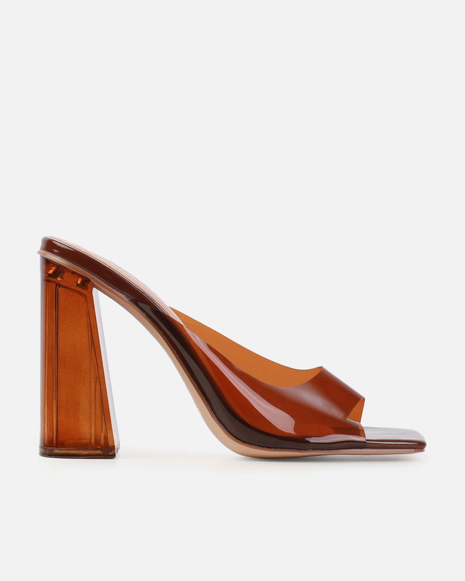 Mary Bedford Aniela Brown Clear Block Heel Mules | SIMMI London