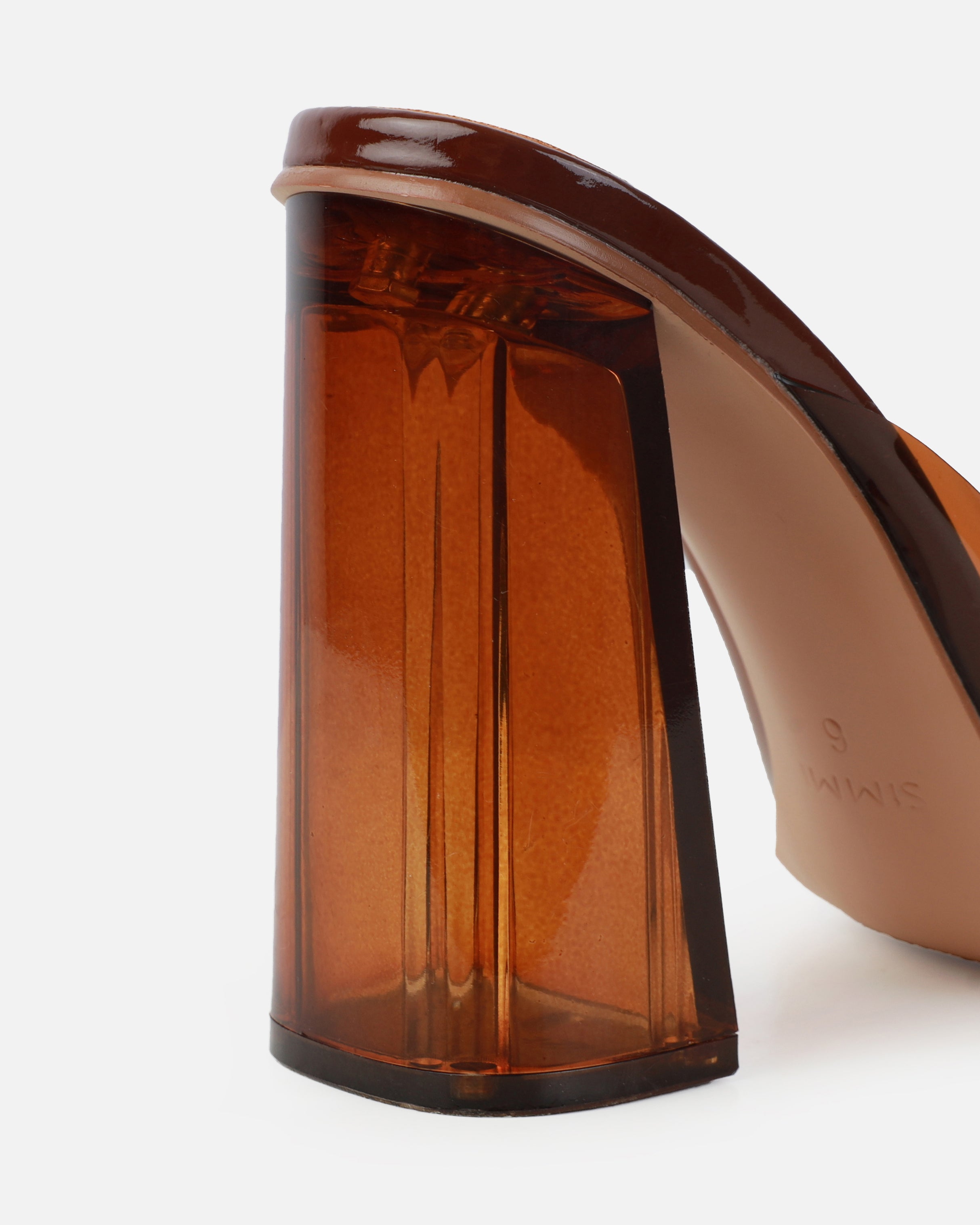 Mary Bedford Aniela Brown Clear Block Heel Mules | SIMMI London