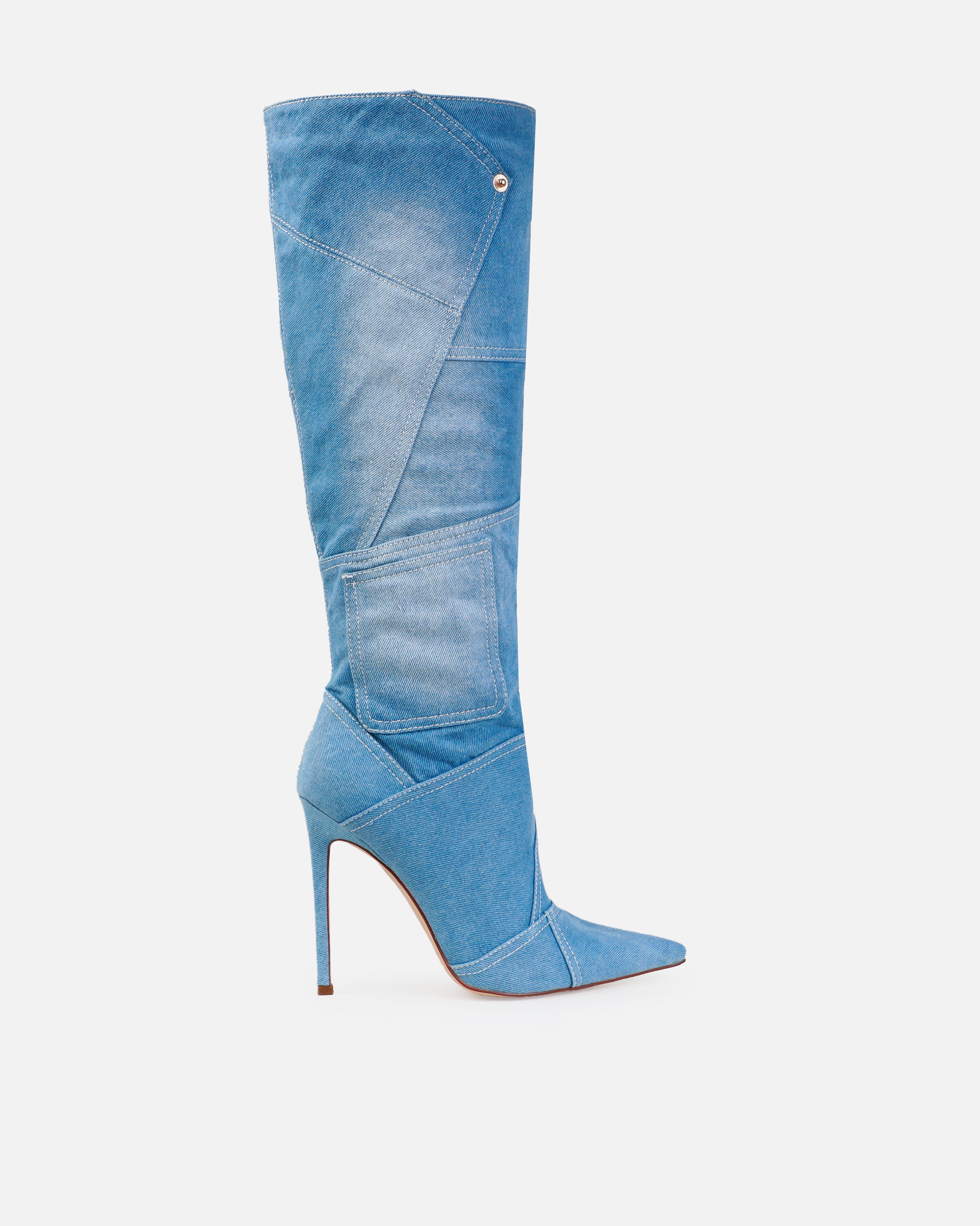 Tasha Ghouri Isaac Blue Denim Patchwork Knee High Boots | SIMMI London