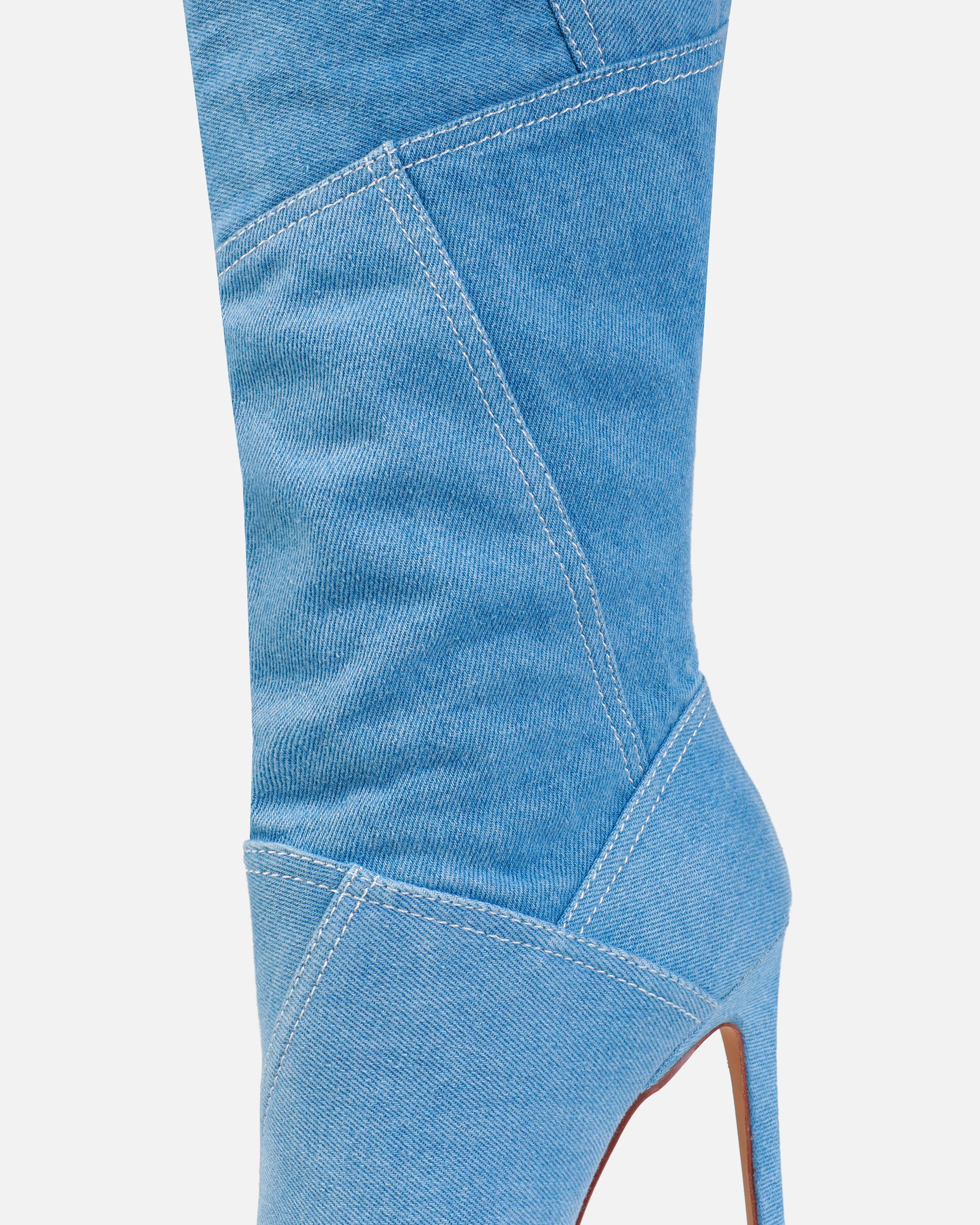 Tasha Ghouri Isaac Blue Denim Patchwork Knee High Boots | SIMMI London