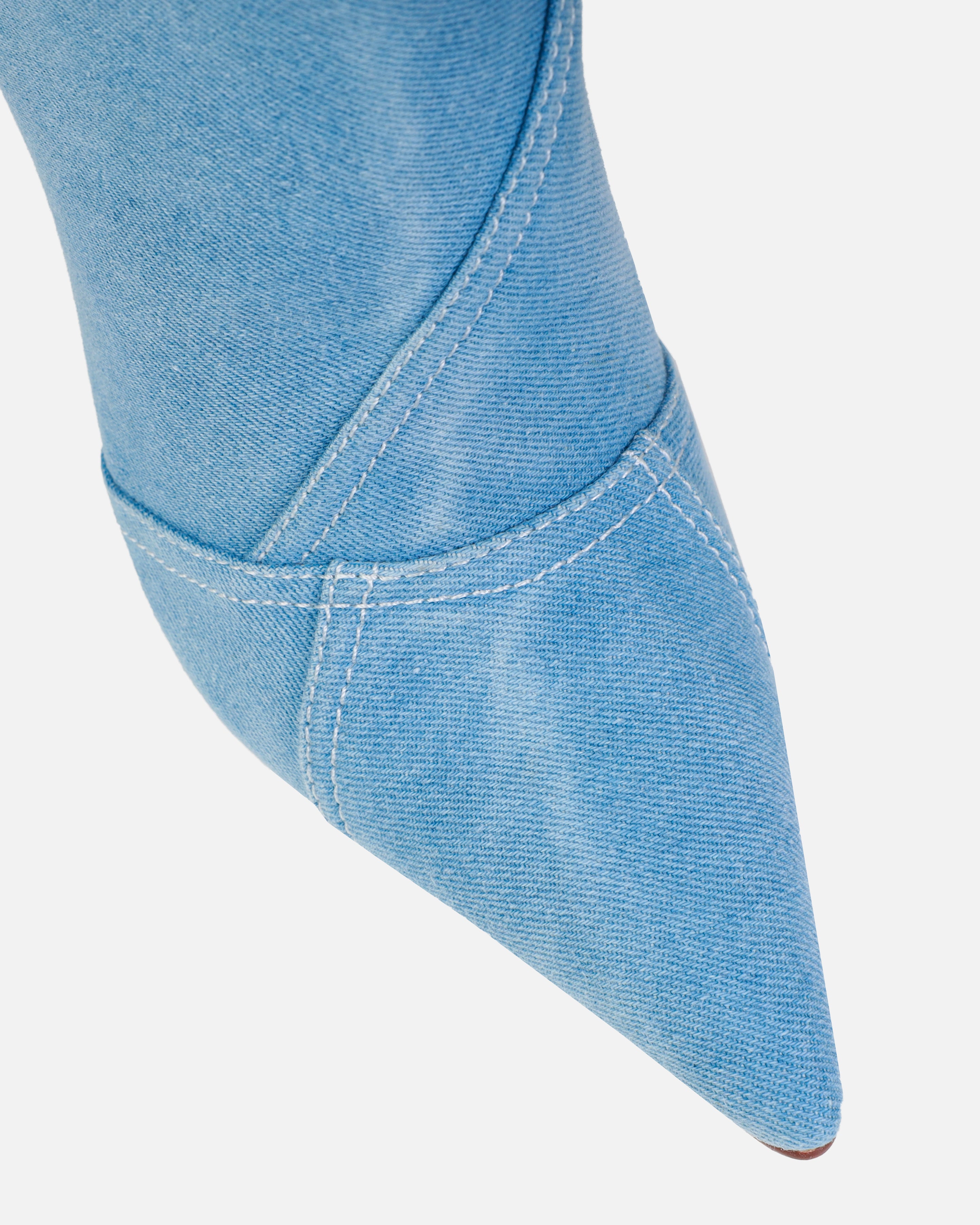 Tasha Ghouri Isaac Blue Denim Patchwork Knee High Boots | SIMMI London