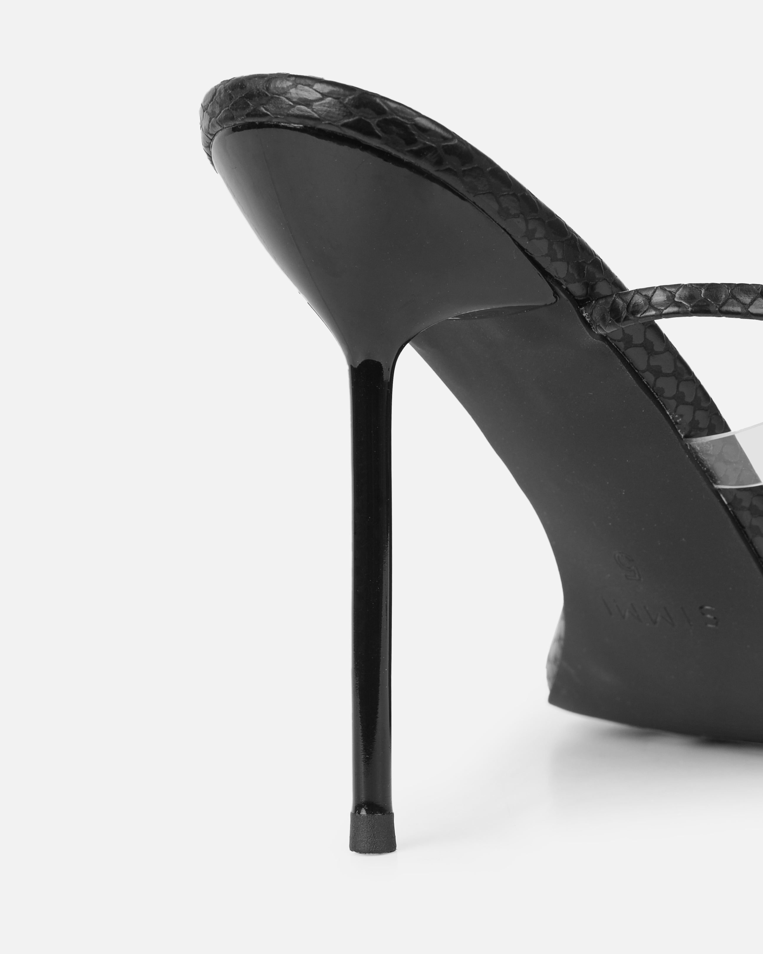 Anyah Black Faux Snake Evil Eye Detail Tie Up Heels | SIMMI London