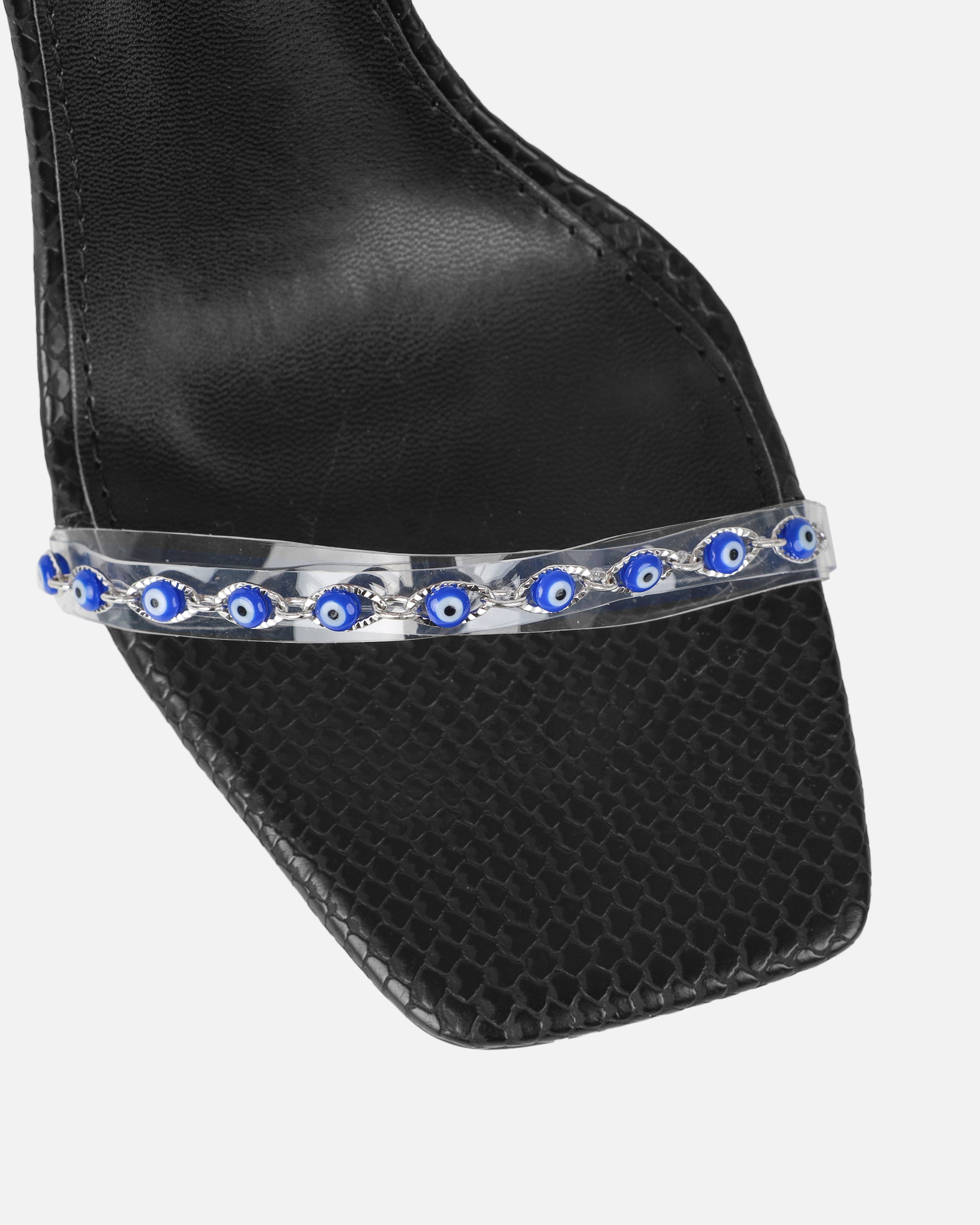 Anyah Black Faux Snake Evil Eye Detail Tie Up Heels | SIMMI London