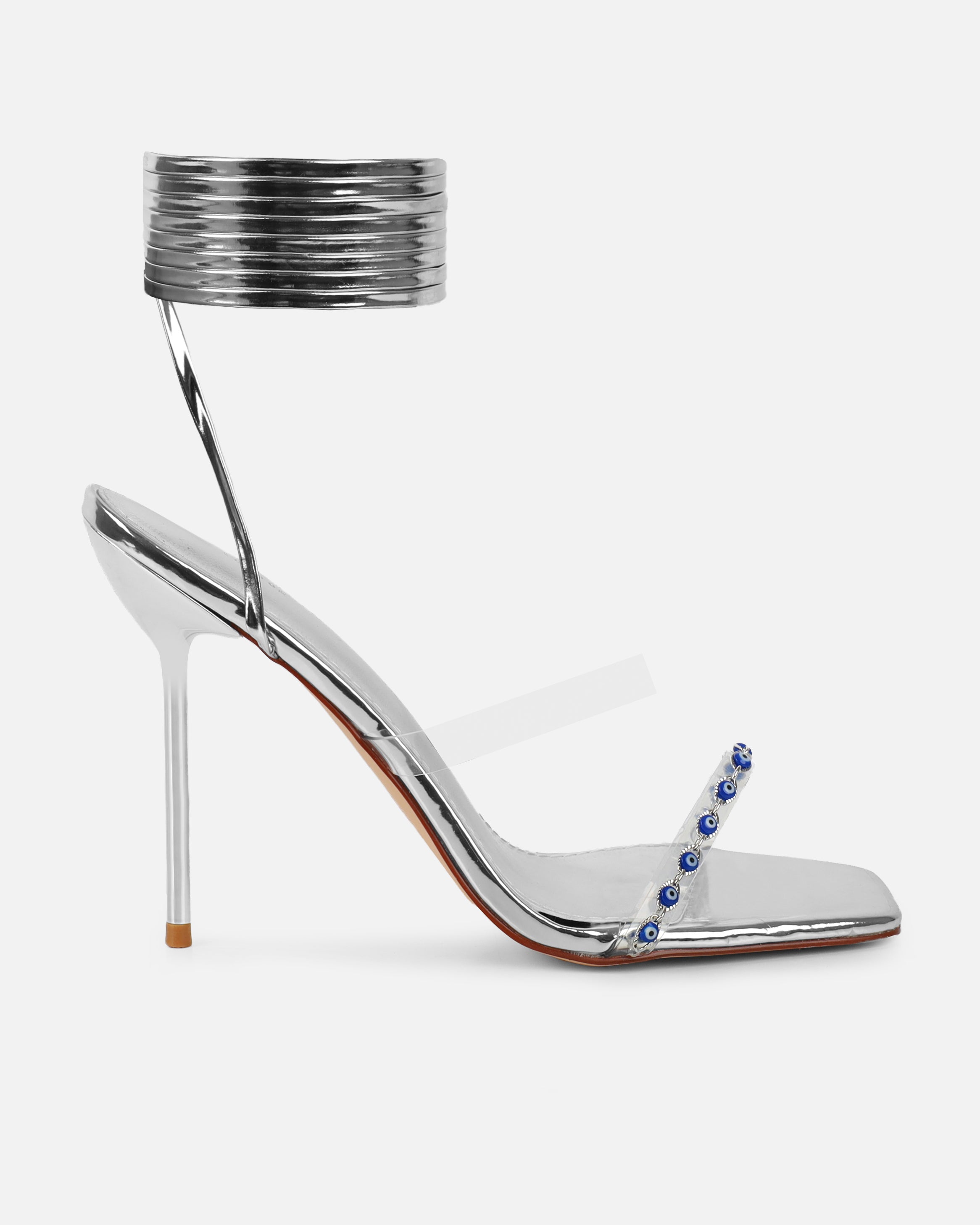 Anyah Silver Mirror Evil Eye Detail Tie Up Heels | SIMMI London
