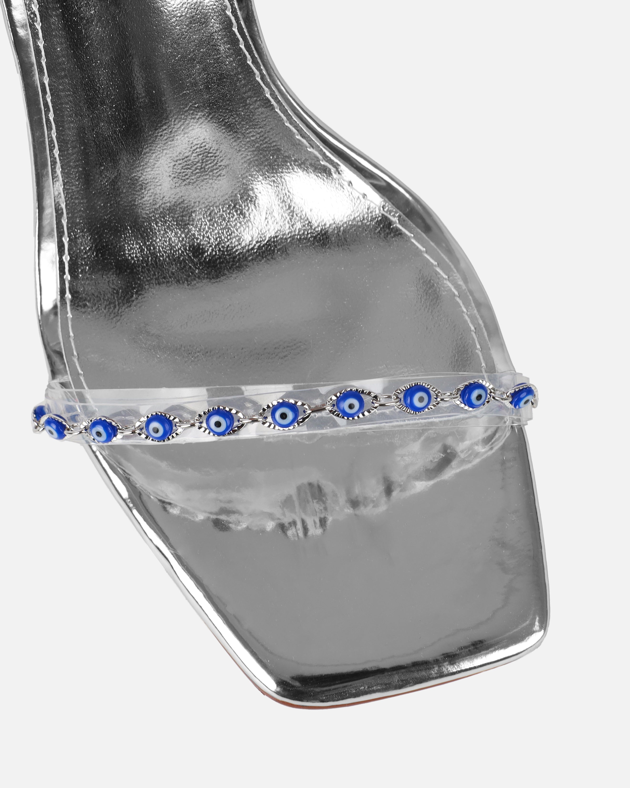 Anyah Silver Mirror Evil Eye Detail Tie Up Heels | SIMMI London