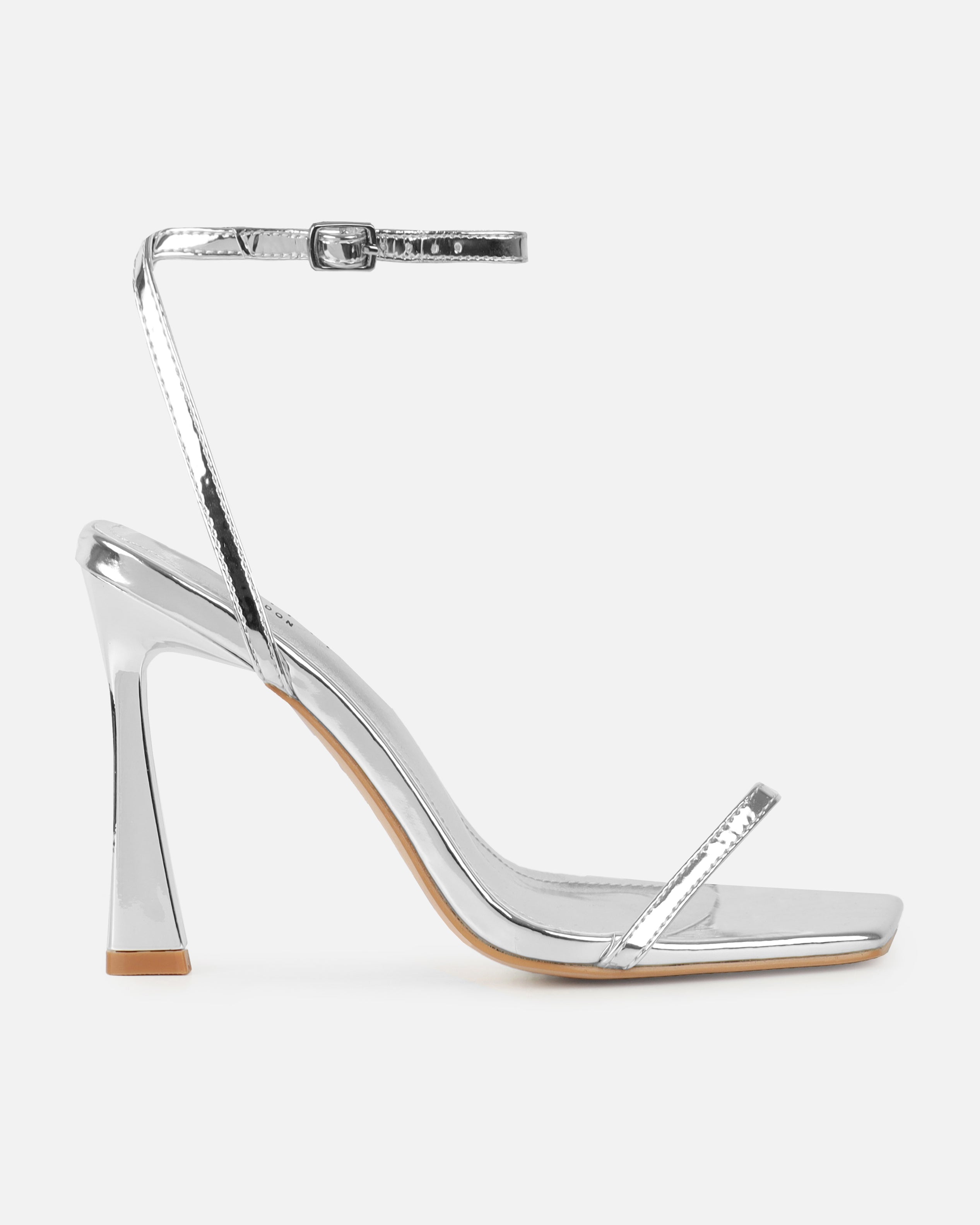 Apple Silver Mirror Flared Heeled Sandals | SIMMI London
