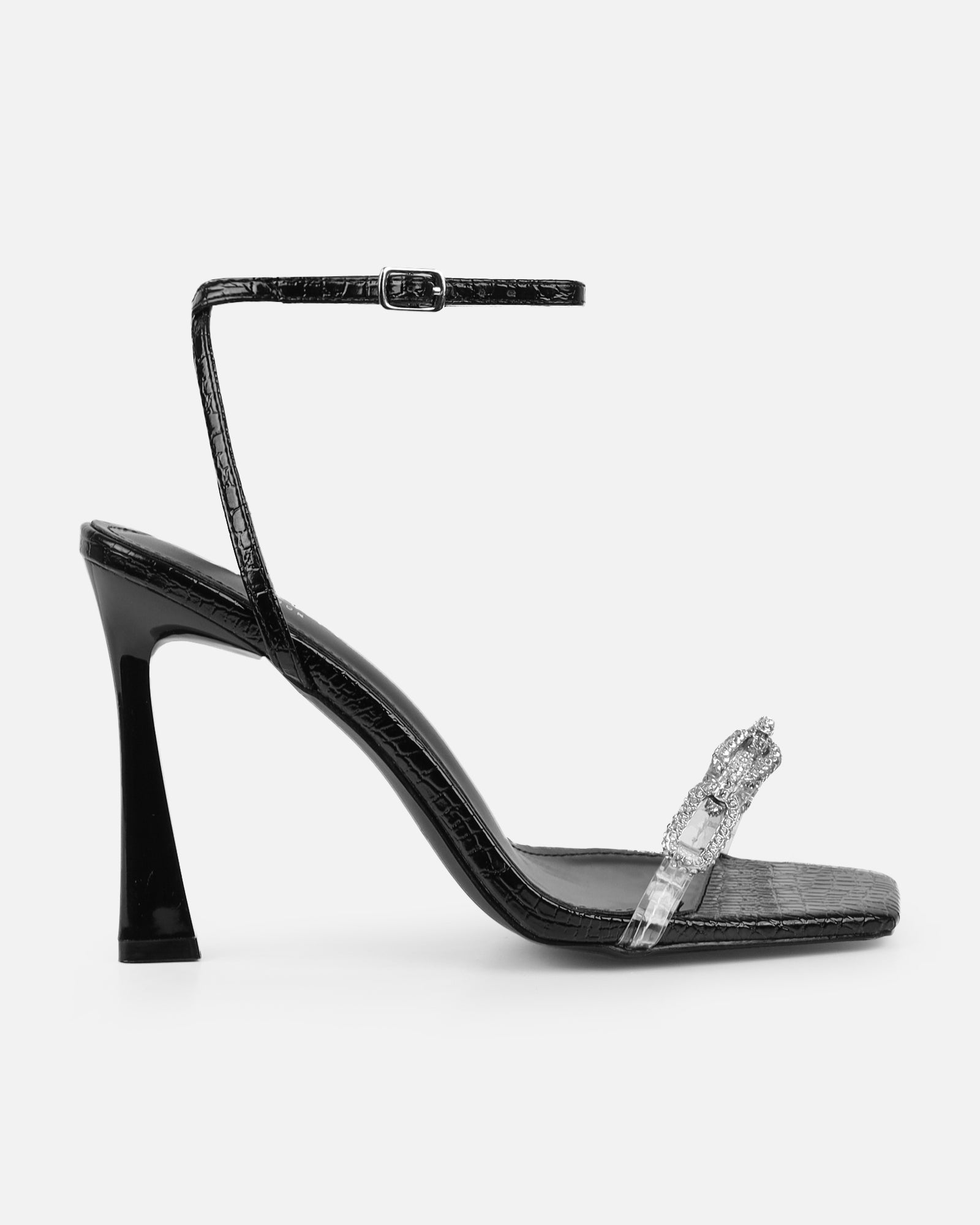 Appi Clear Black Faux Snake Effect Chain Detail Heeled Sandals | SIMMI London