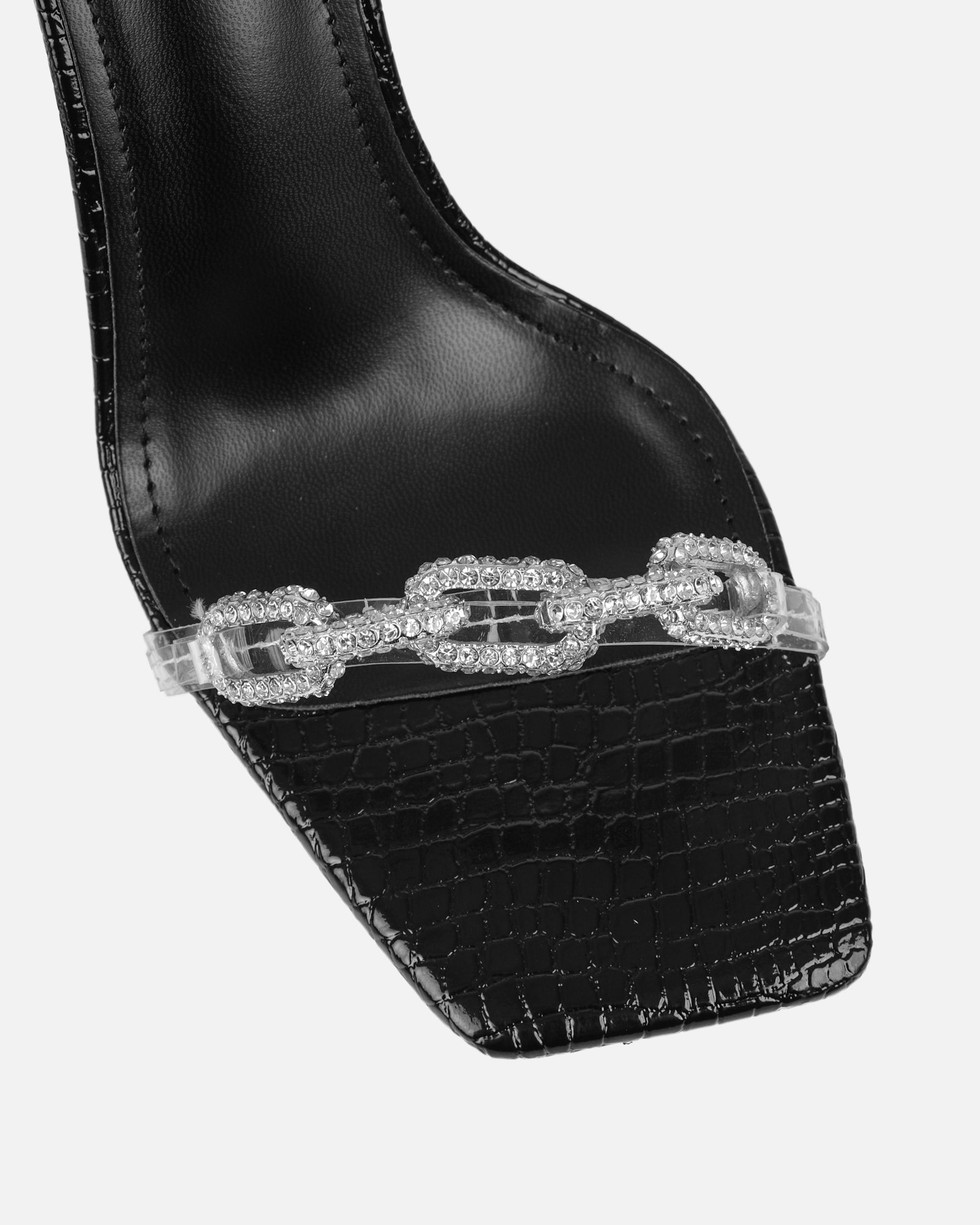 Appi Clear Black Faux Snake Effect Chain Detail Heeled Sandals | SIMMI London