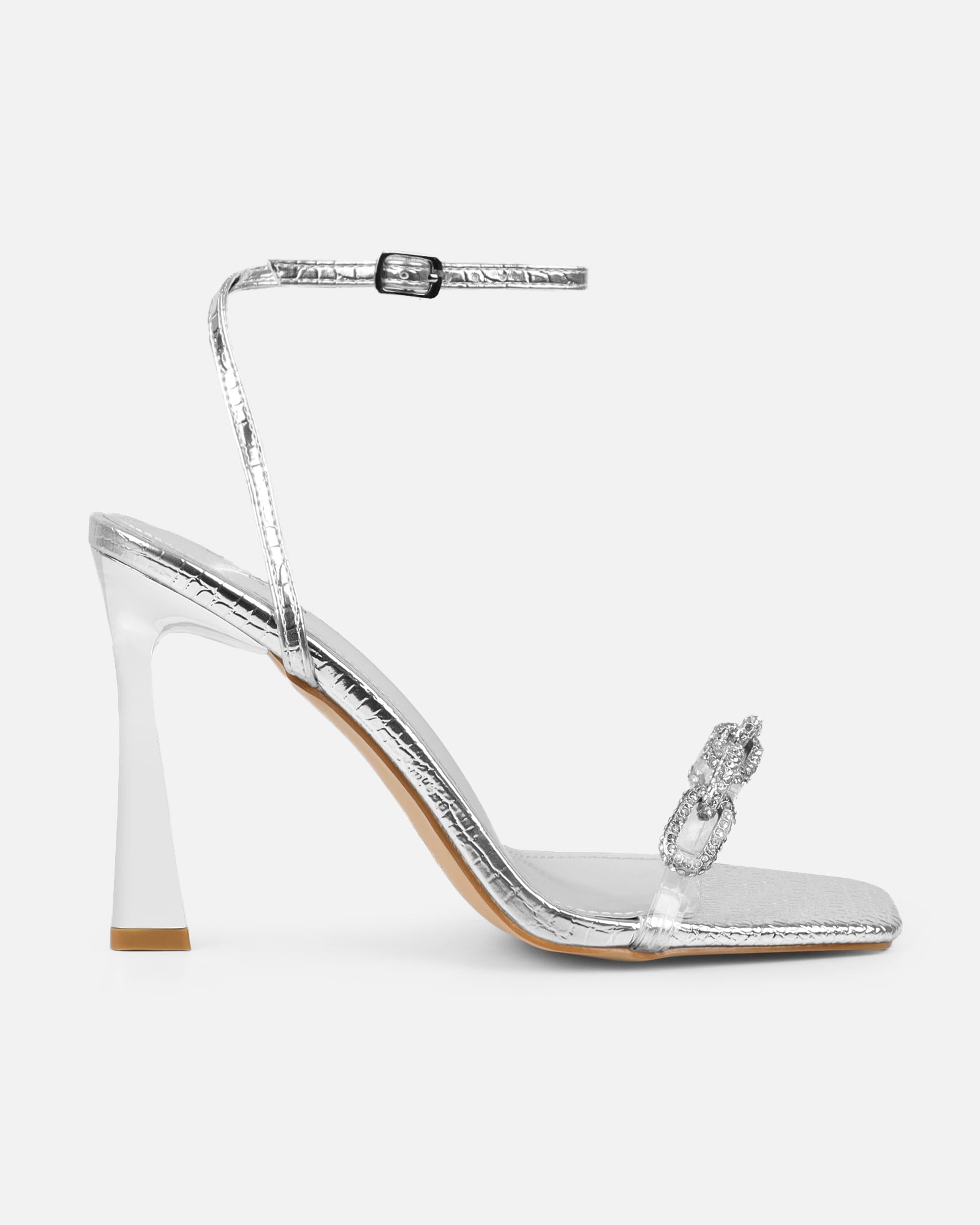 Appi Clear Silver Faux Snake Chain Detail Heeled Sandals | SIMMI London