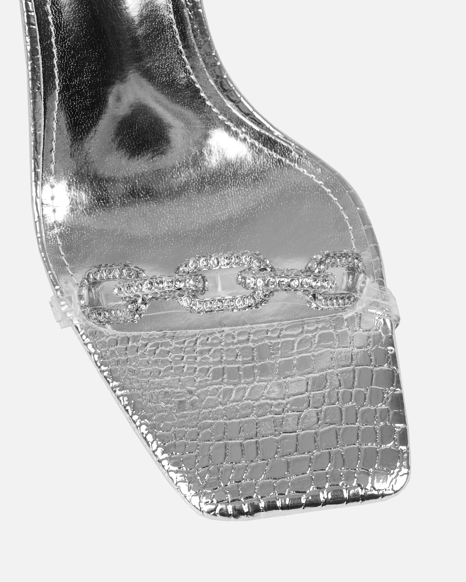 Appi Clear Silver Faux Snake Chain Detail Heeled Sandals | SIMMI London