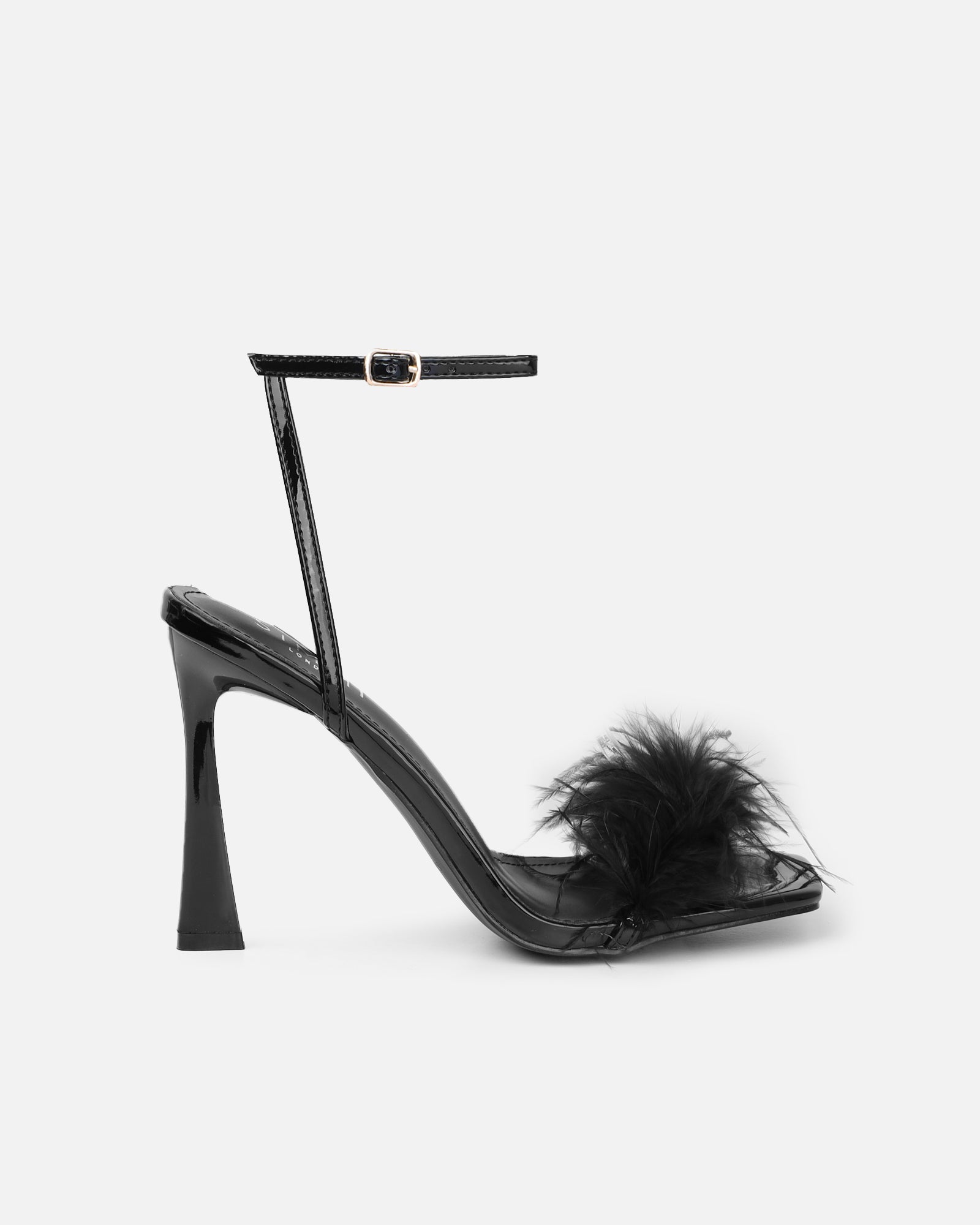 Princella black patent fluffy heeled sandals | SIMMI London