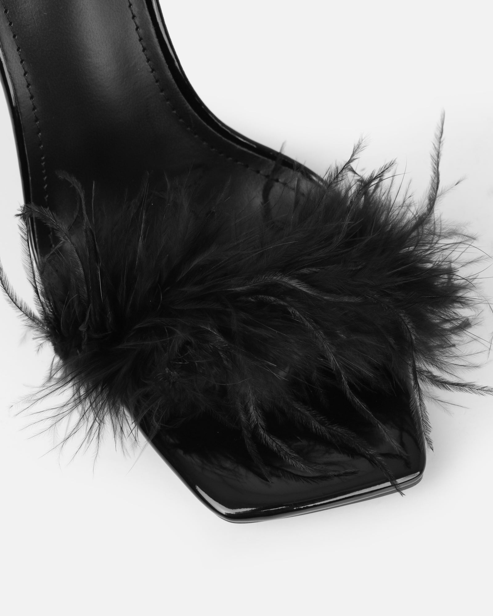 Princella black patent fluffy heeled sandals | SIMMI London