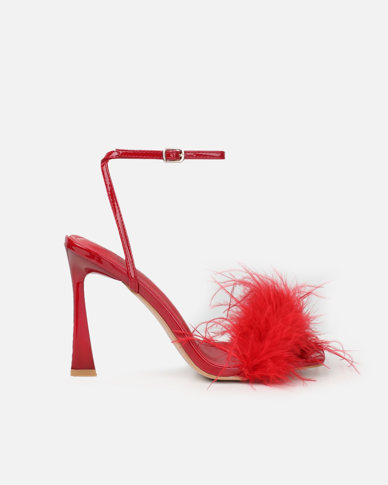 Princella red patent fluffy heeled sandal | SIMMI London