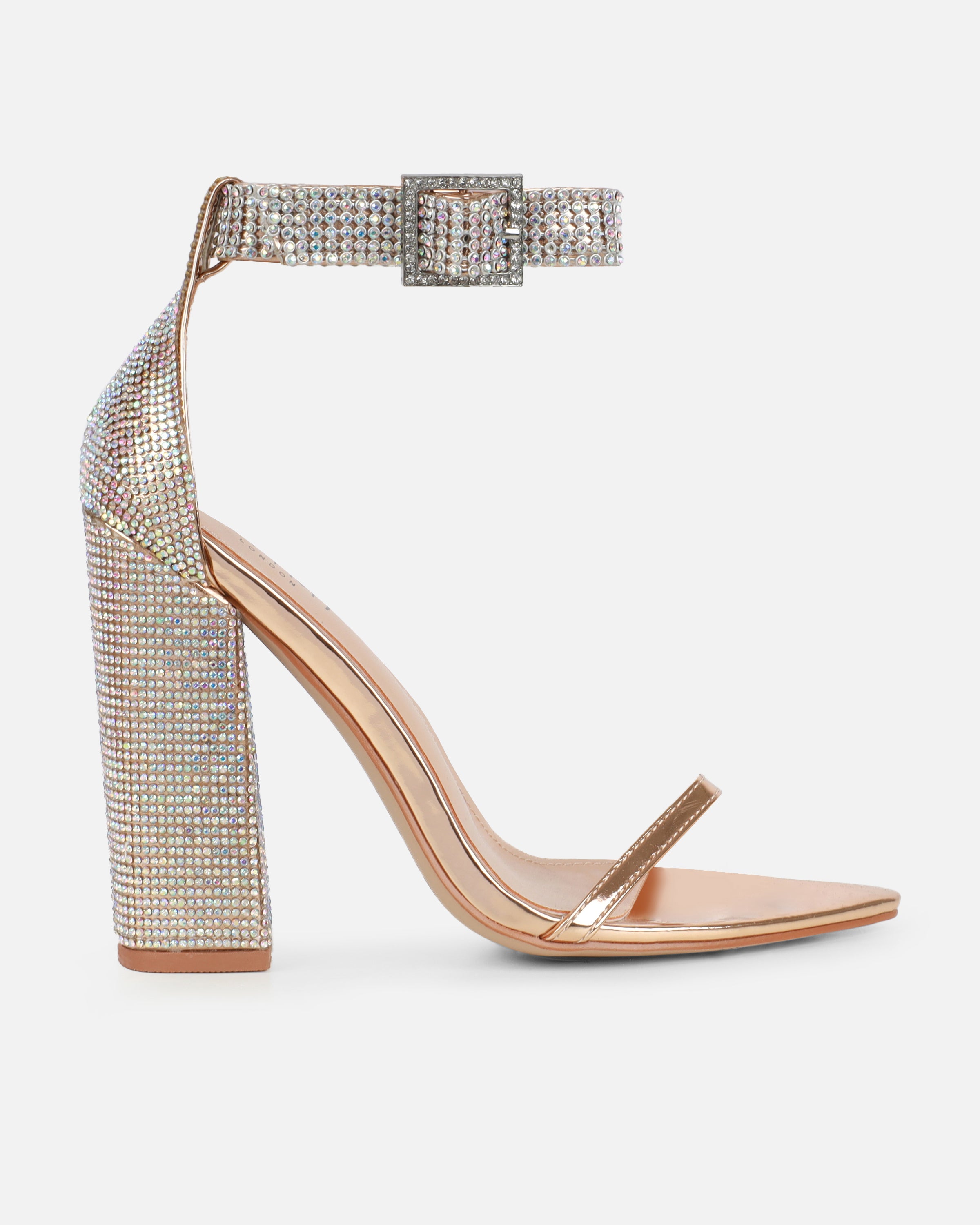 Arii Rose Gold Mirror Diamante Block Heels | SIMMI London
