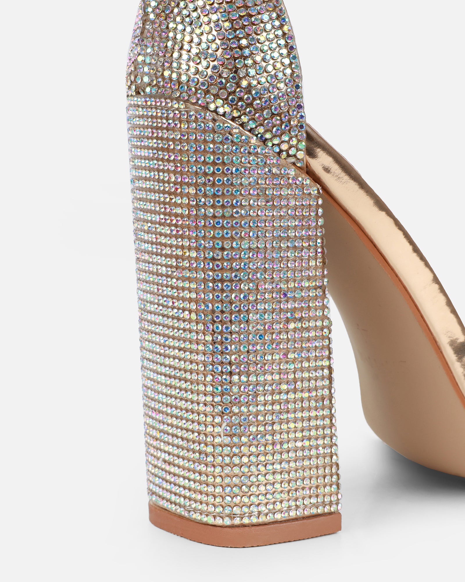 Arii Rose Gold Mirror Diamante Block Heels | SIMMI London