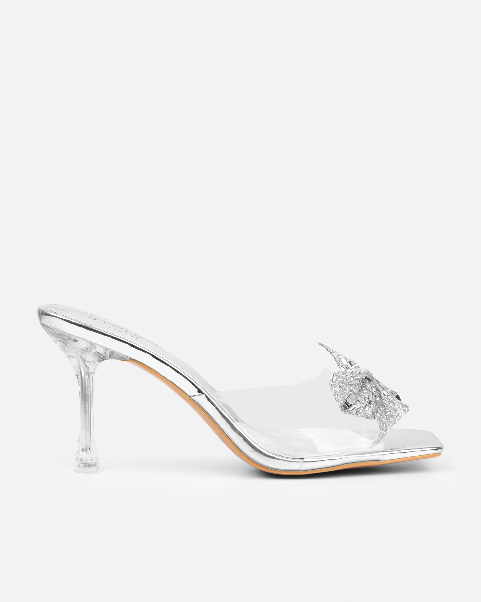 Ashleigh Clear Silver Mirror Diamante Bow Mid Heeled Sandals | SIMMI London