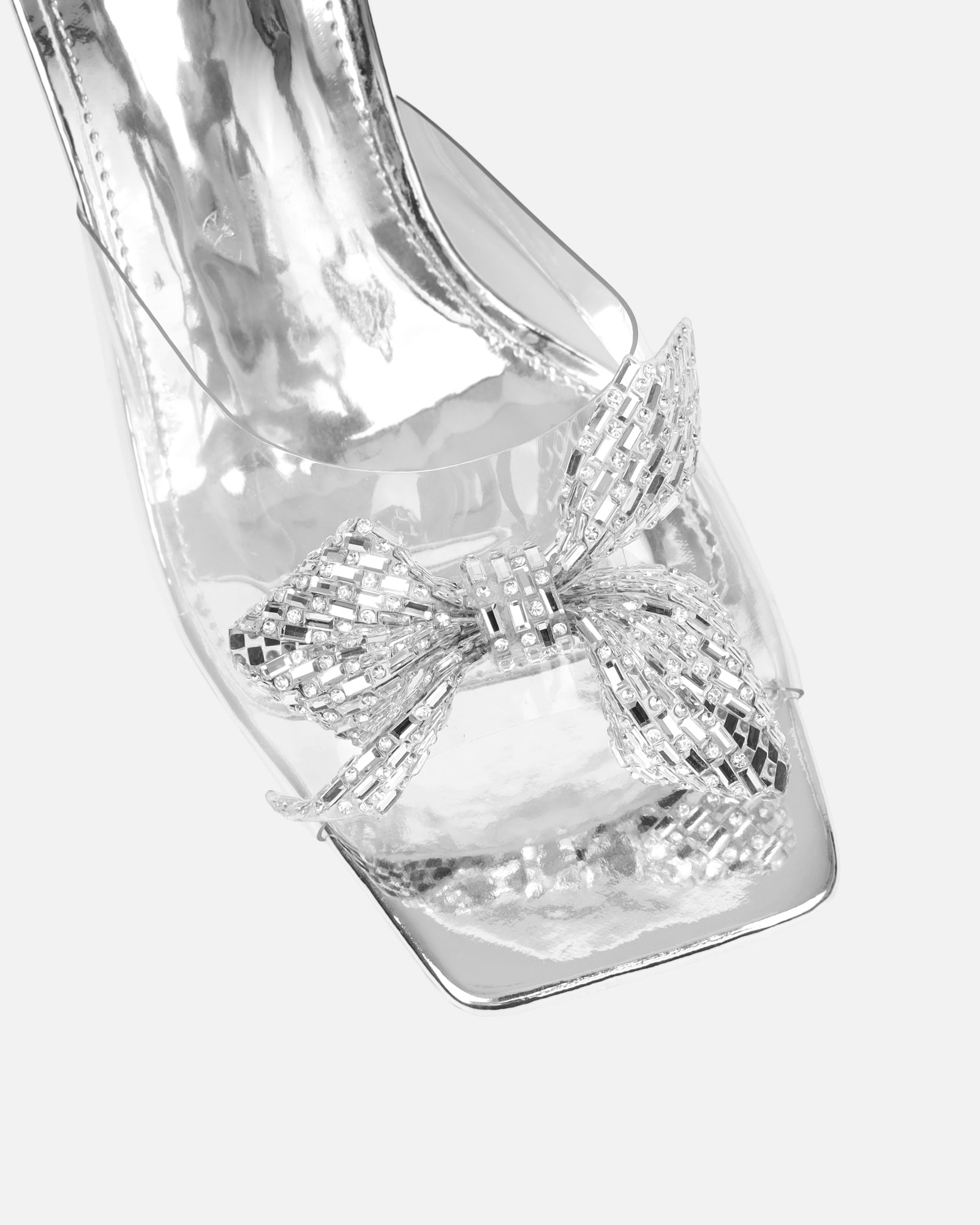 Ashleigh Clear Silver Mirror Diamante Bow Mid Heeled Sandals | SIMMI London