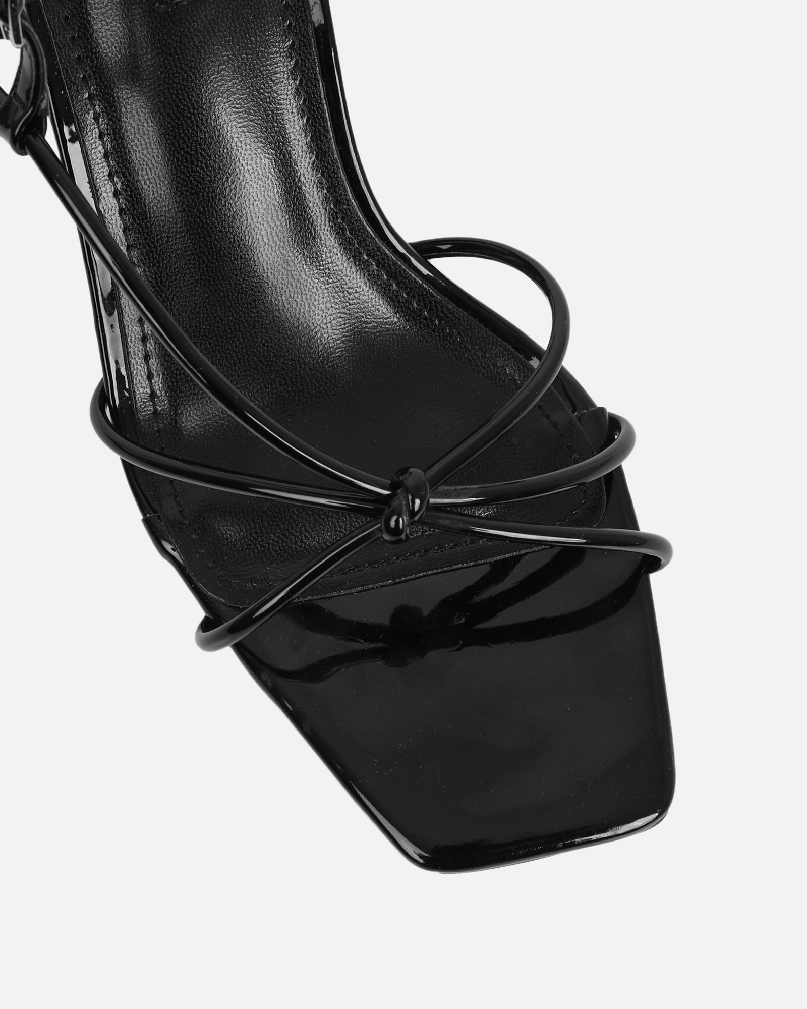 Aixa Black Patent Strappy Knot Heeled Sandals | SIMMI London
