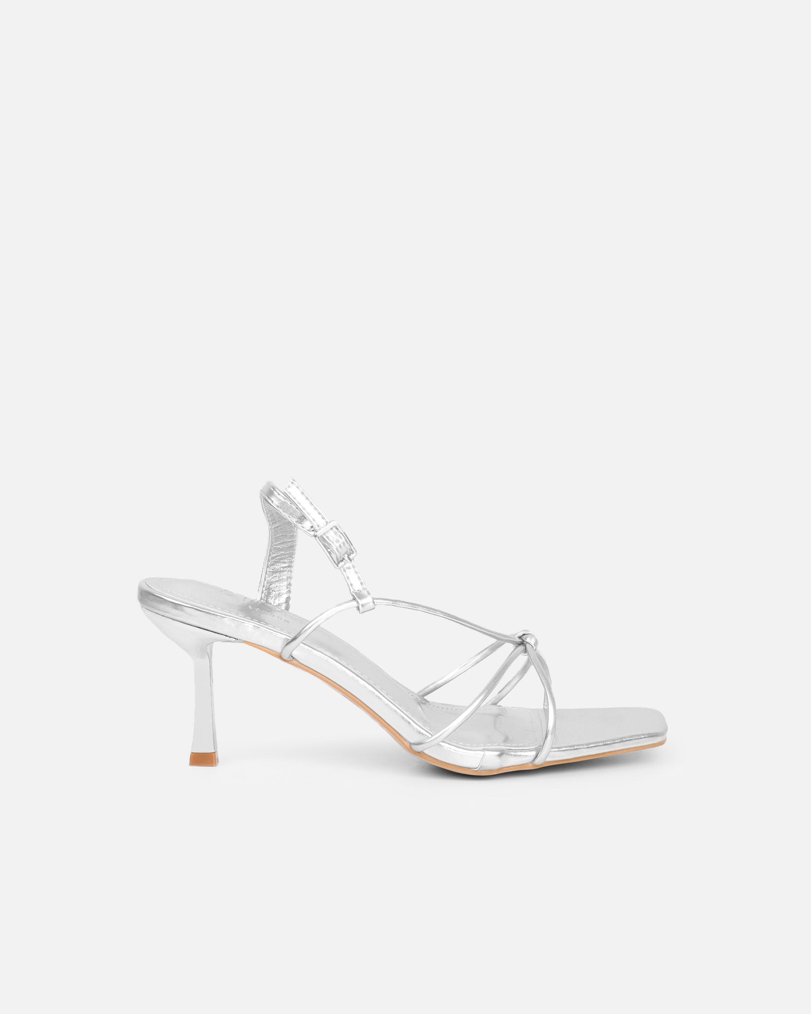 Aixa Silver Metallic Strappy Knot Heeled Sandals | SIMMI London