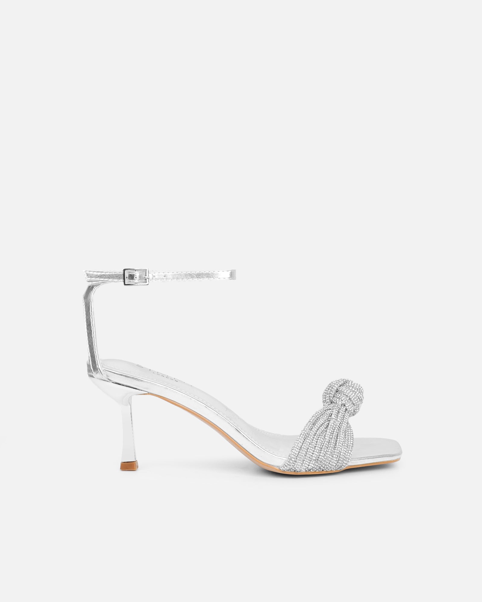 Anha Silver Metallic Diamante Knot Heeled Sandals | SIMMI London