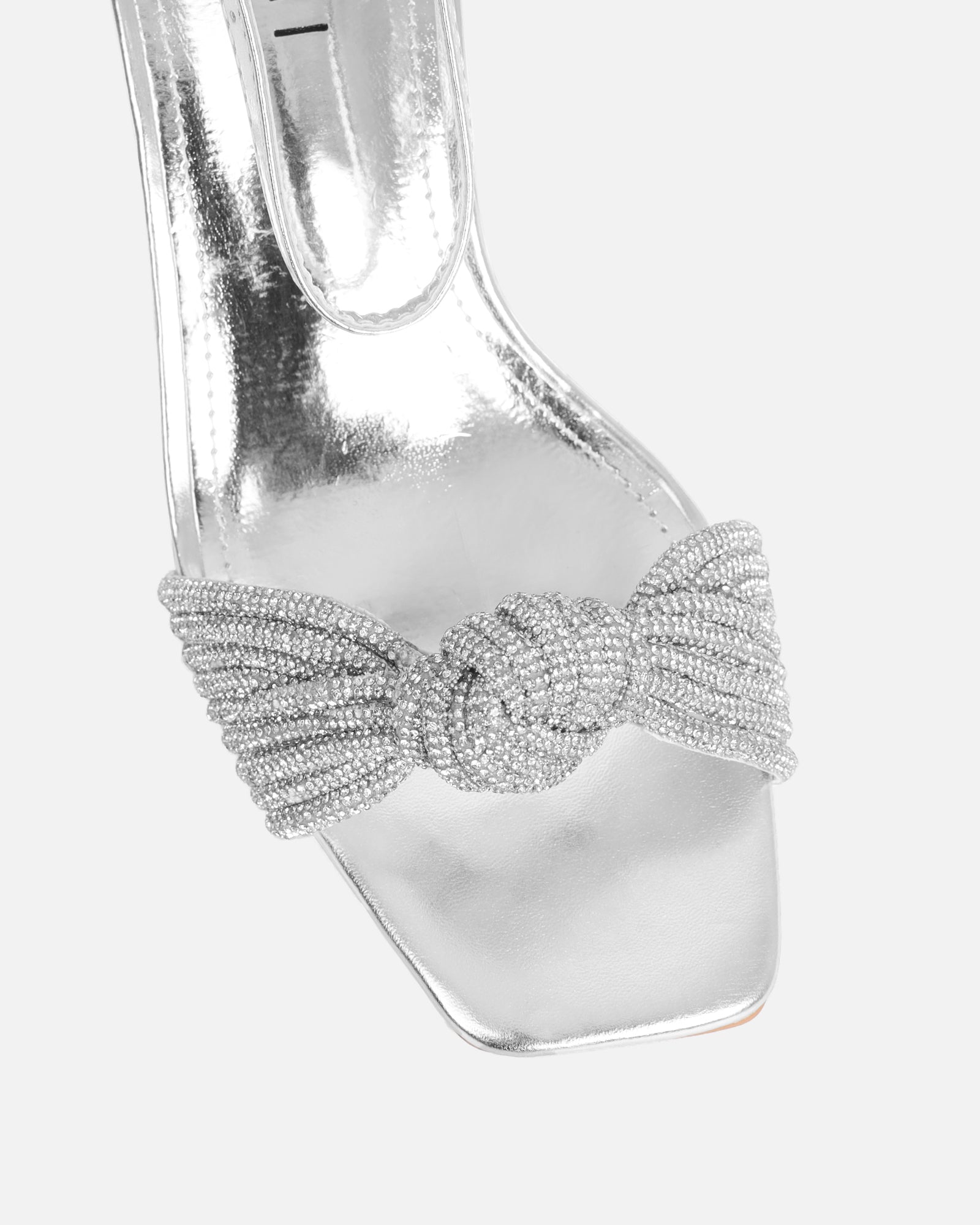 Anha Silver Metallic Diamante Knot Heeled Sandals | SIMMI London