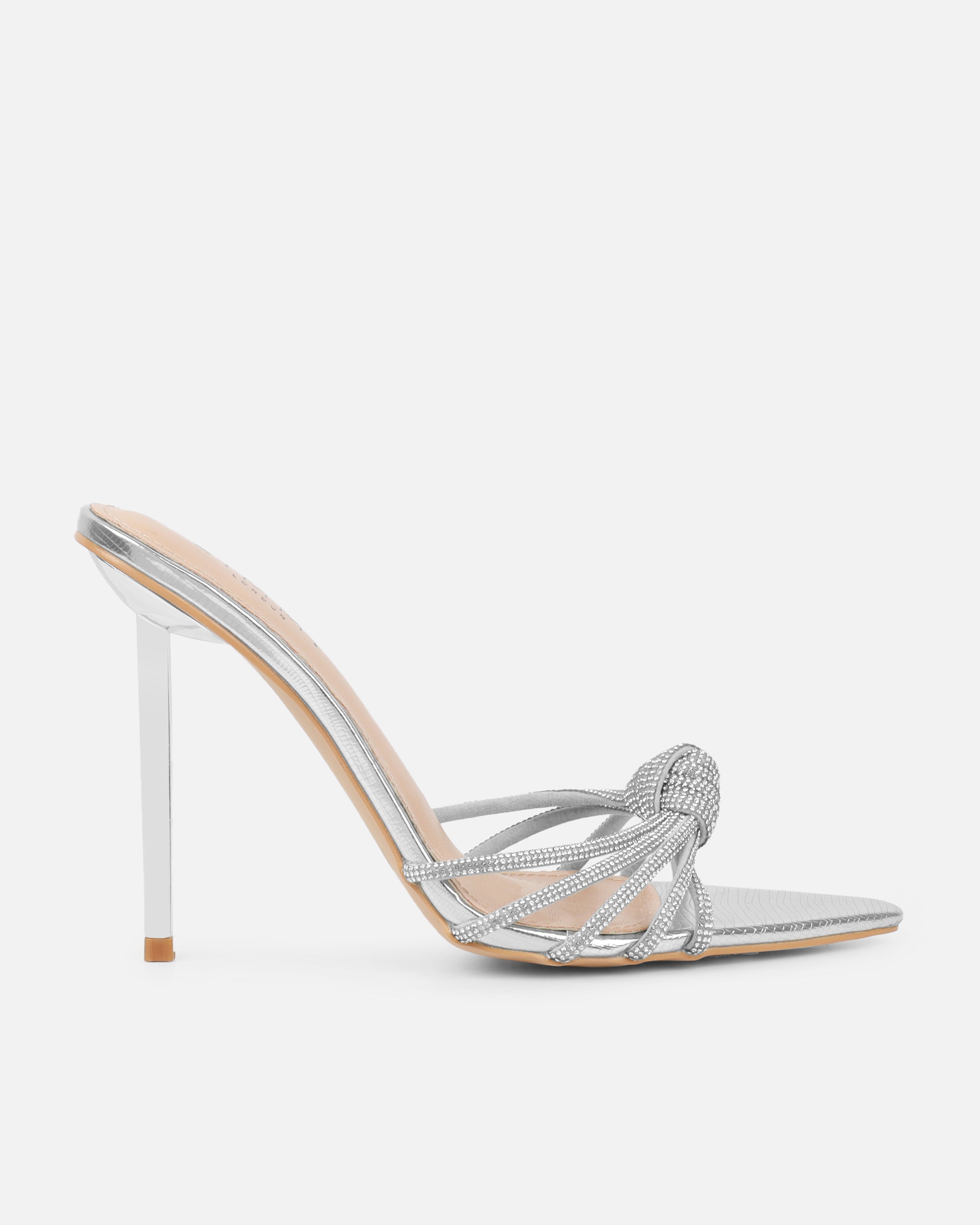Aubree silver faux Snake Print Diamante Knot Mules | SIMMI London