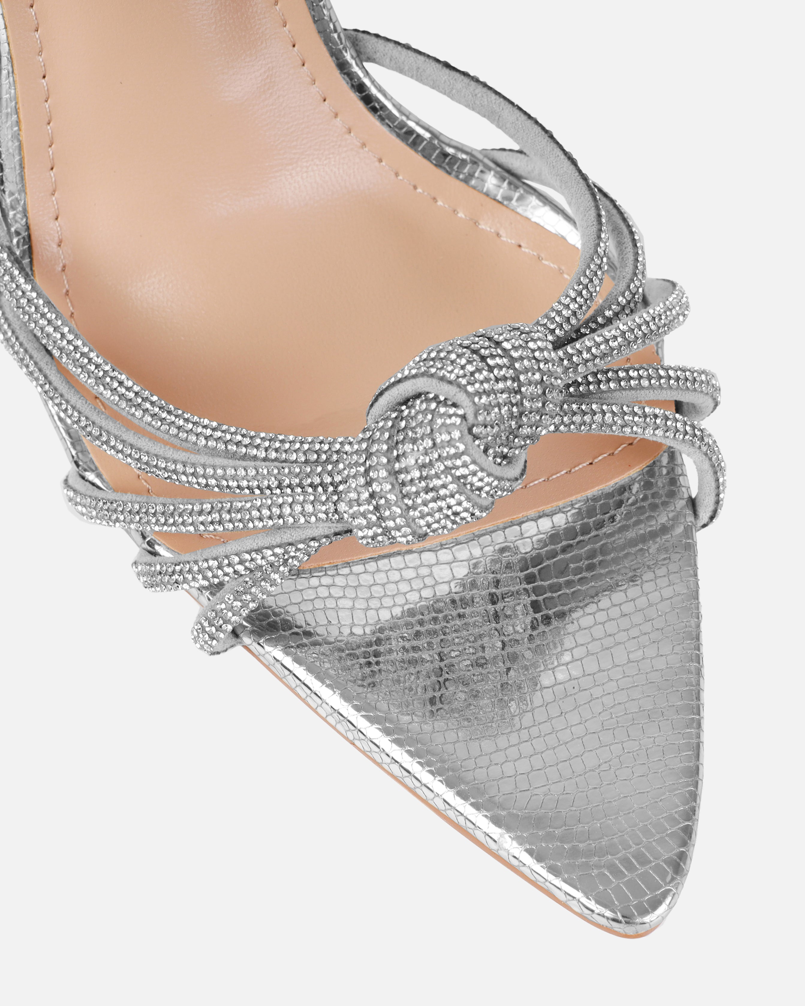 Aubree silver faux Snake Print Diamante Knot Mules | SIMMI London
