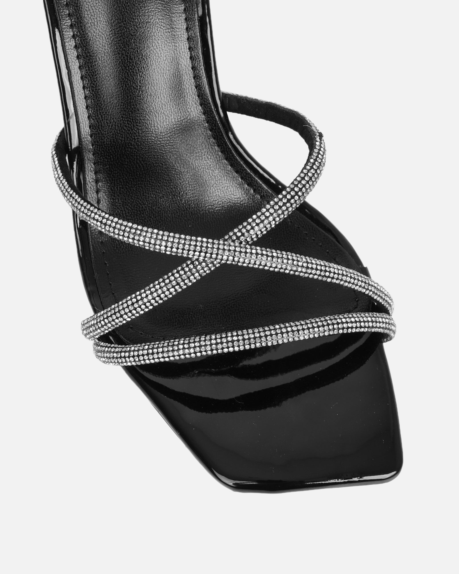 Aubria Black Patent Diamante Mid Heeled Sandals | SIMMI London