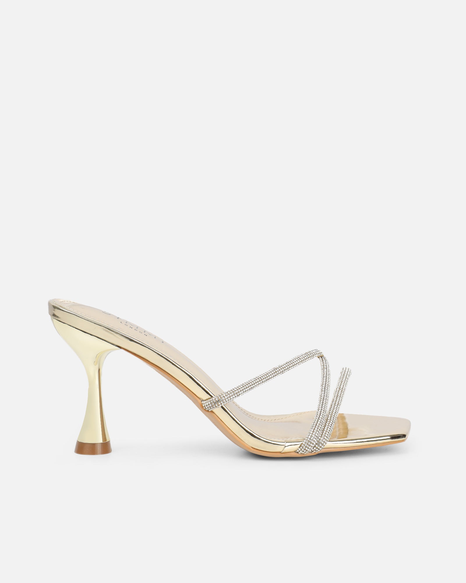 Aubria Gold Mirror Diamante Mid Heeled Sandals | SIMMI London