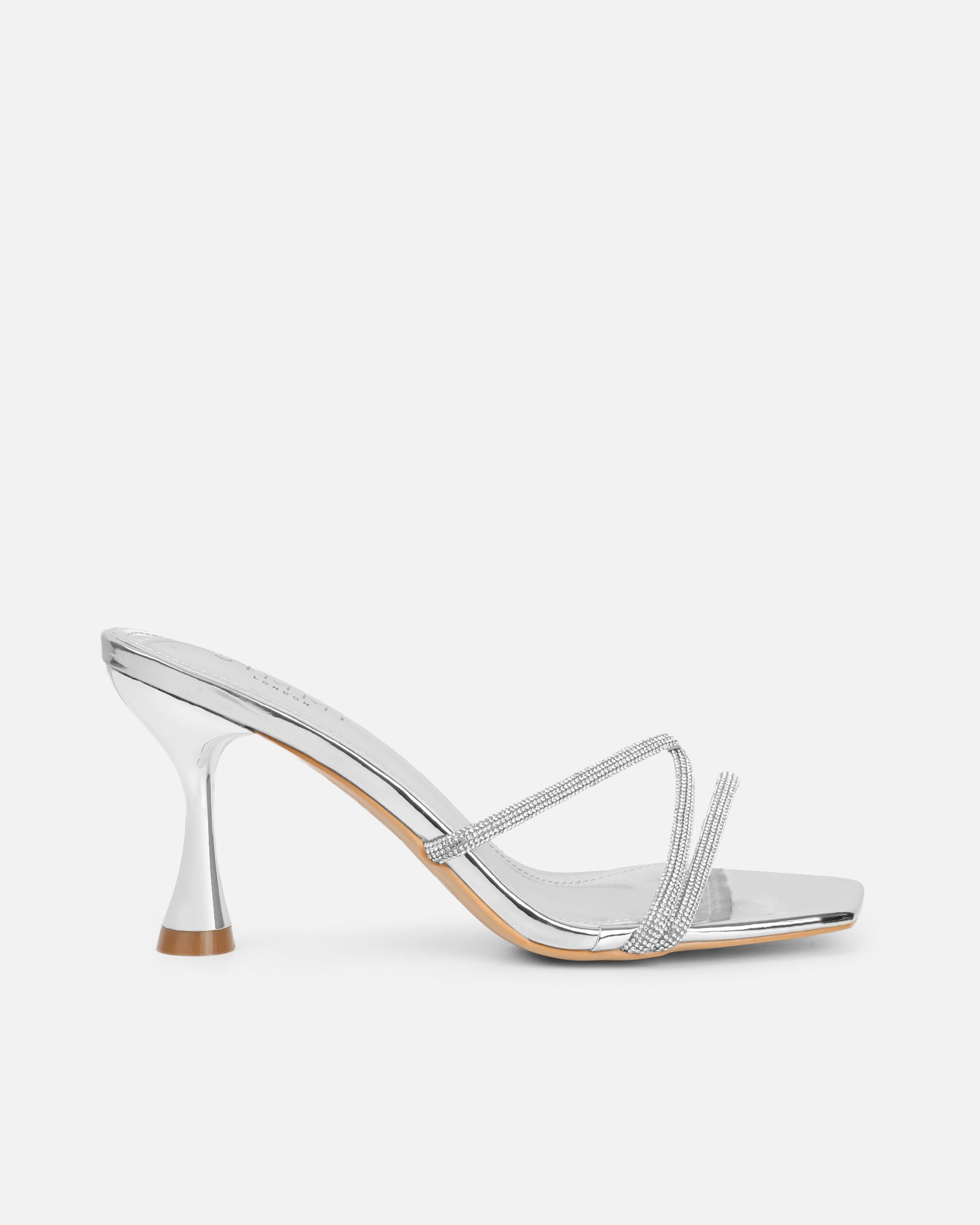 Aubria Silver Mirror Diamante Mid Heeled Sandals | SIMMI London