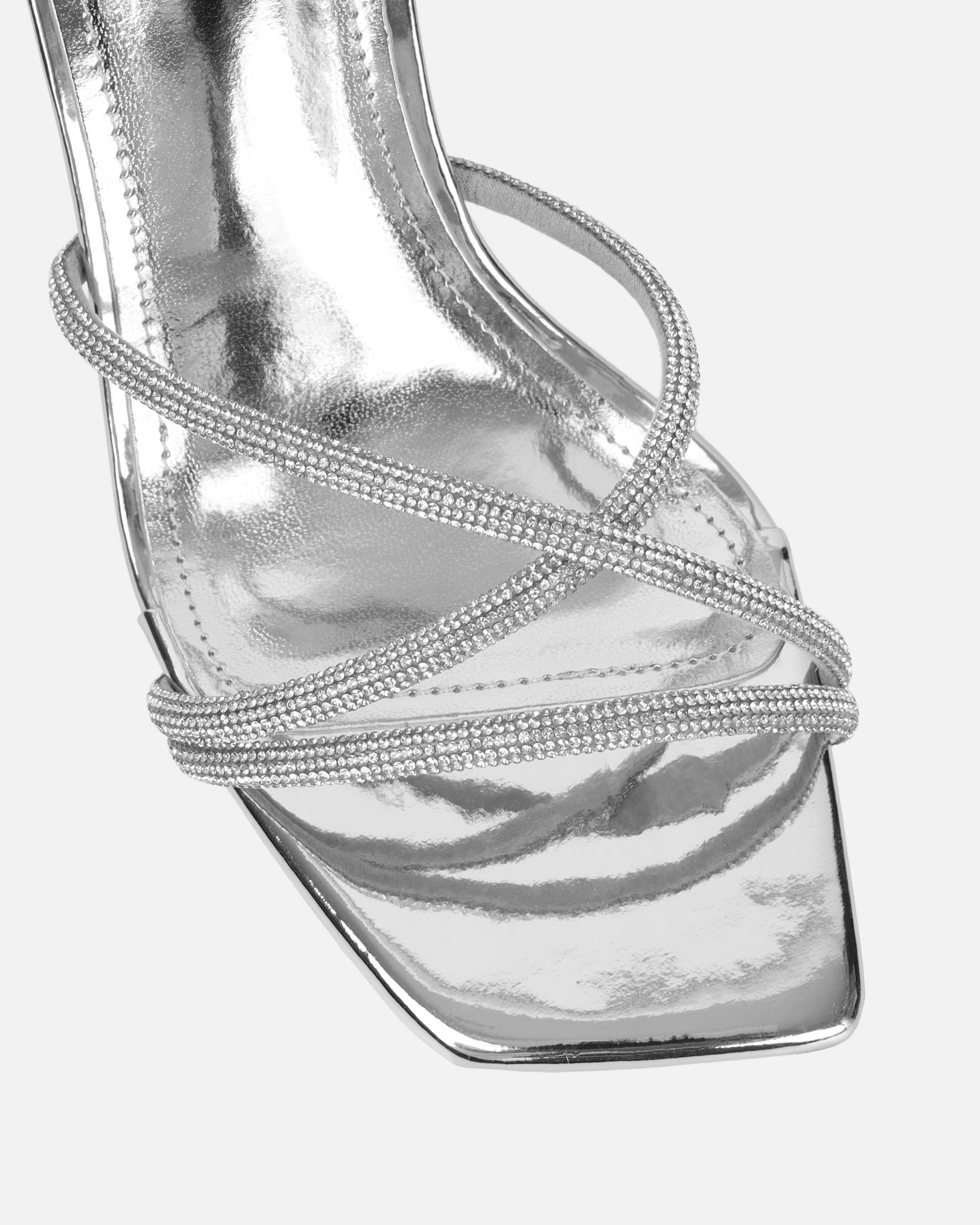 Aubria Silver Mirror Diamante Mid Heeled Sandals | SIMMI London