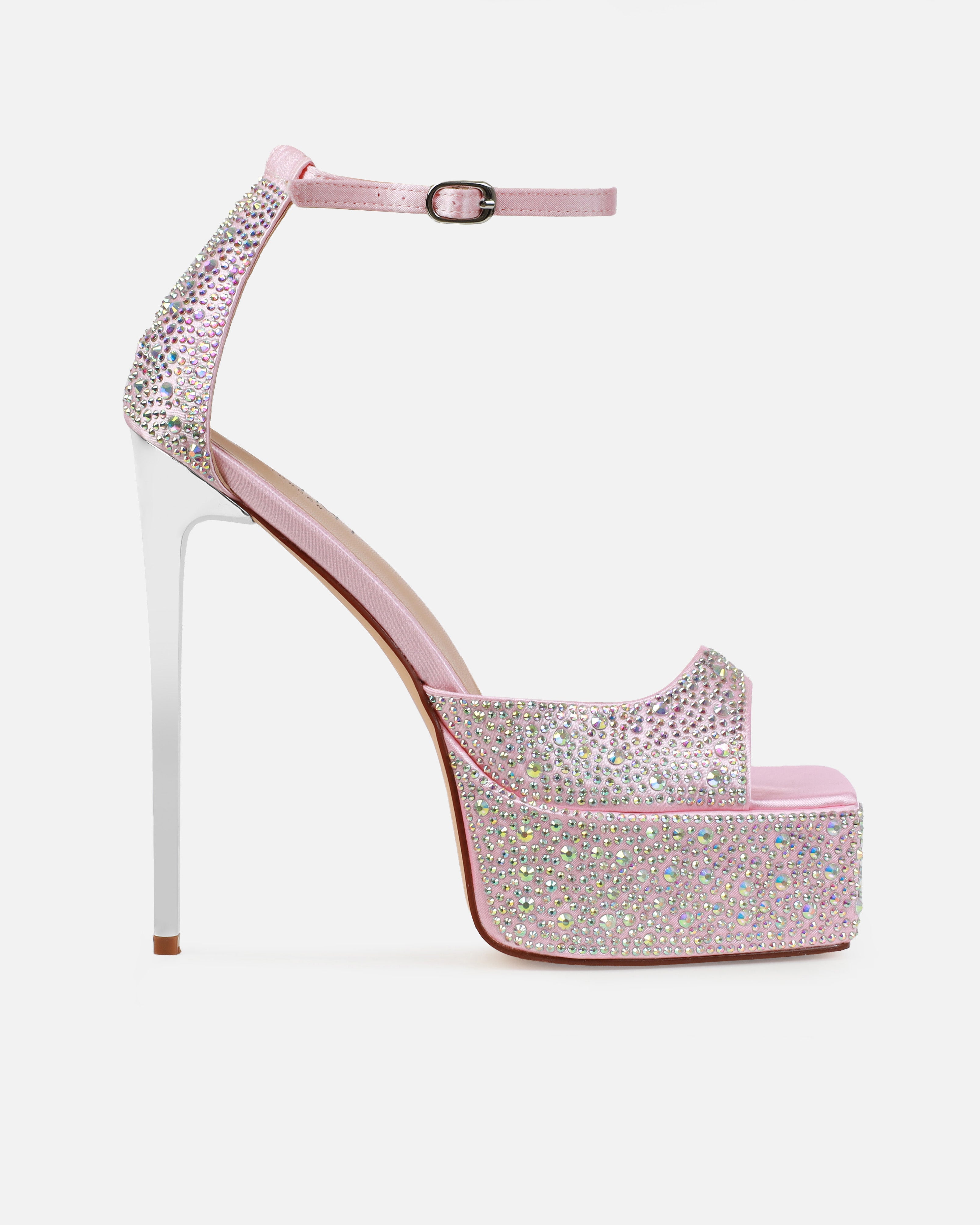 Audreey Pink Satin Diamante Platform Stiletto Heels SIMMI London