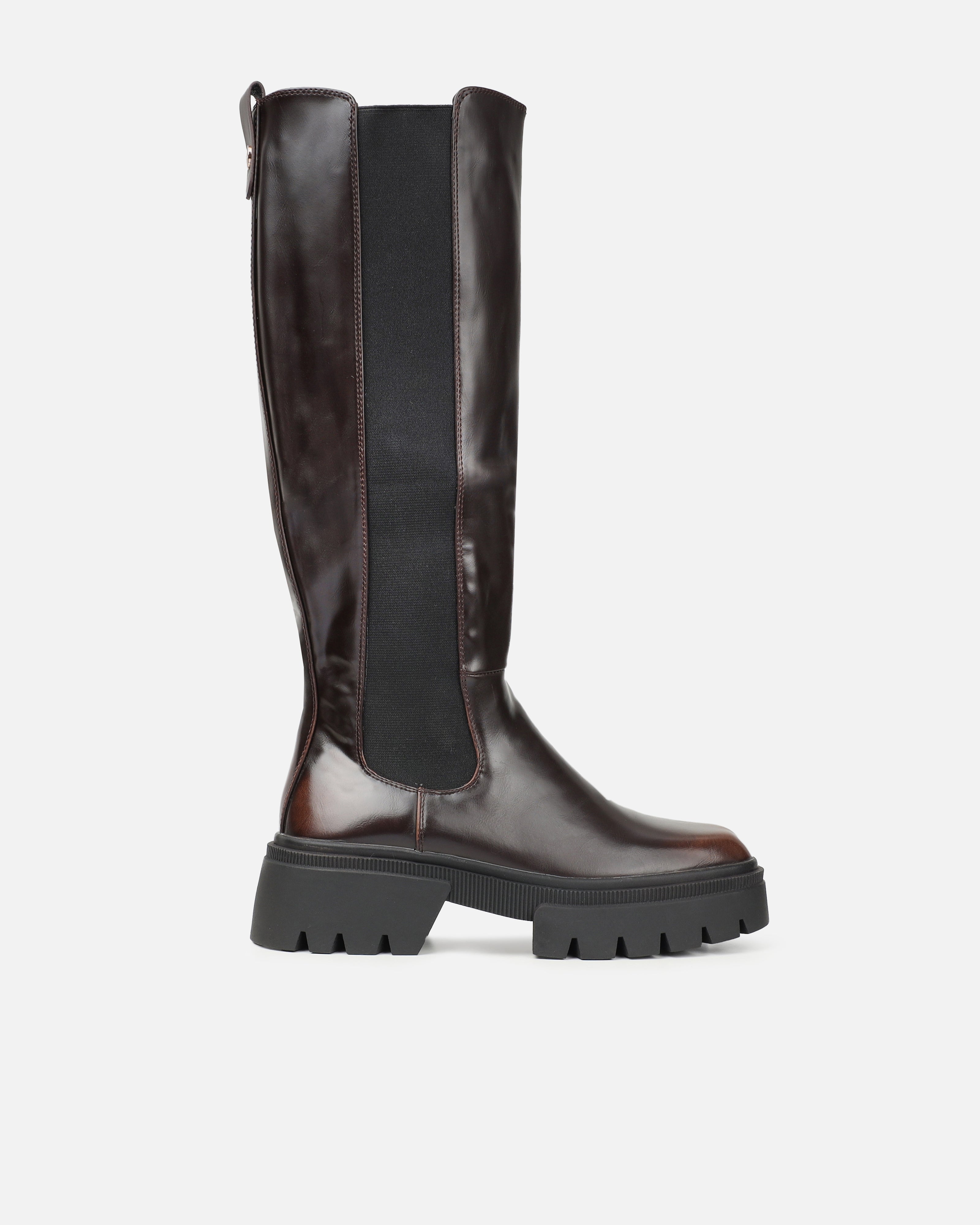 Brookes Brown Burnished Knee High Chunky Boots | SIMMI London