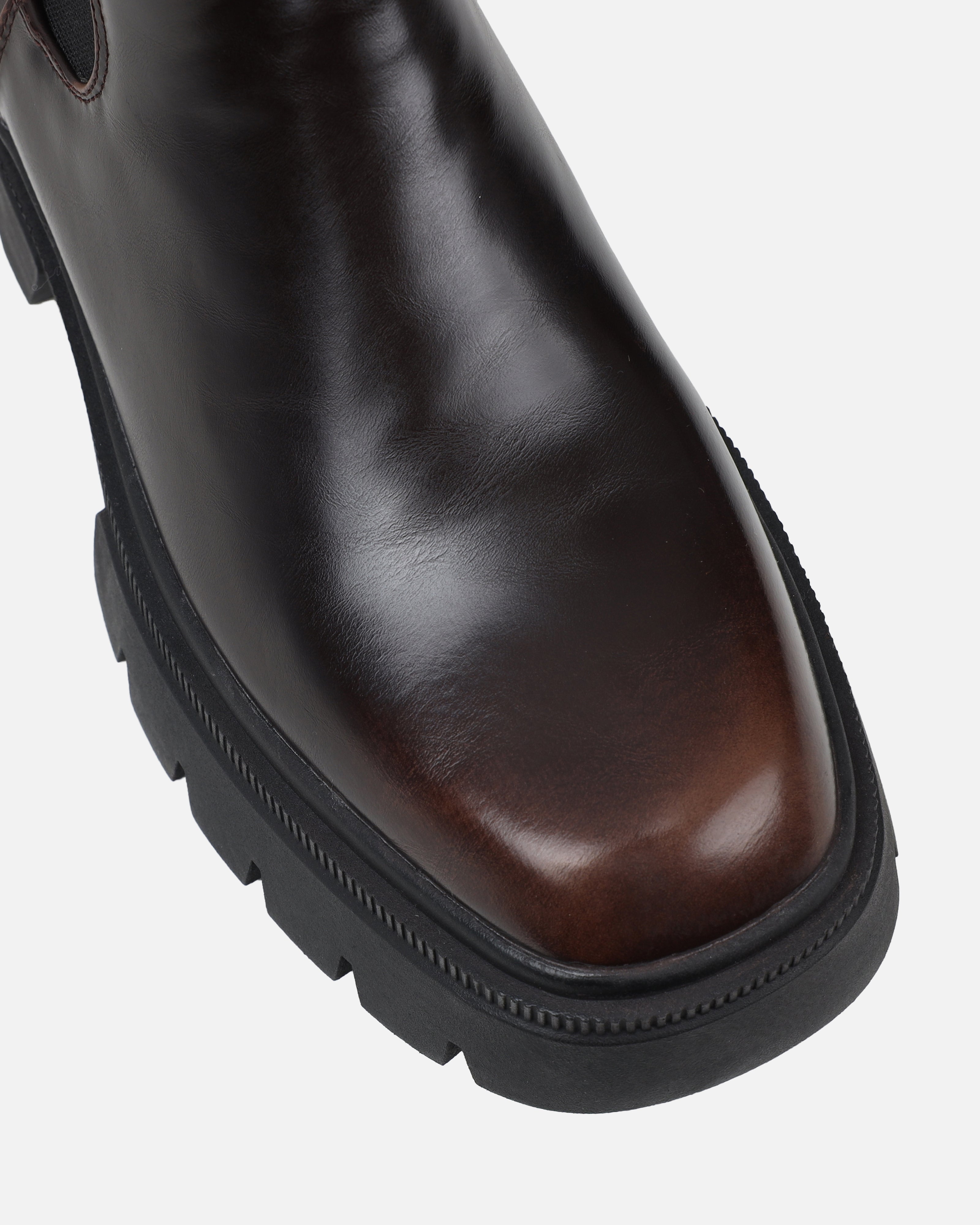 Brookes Brown Burnished Knee High Chunky Boots | SIMMI London