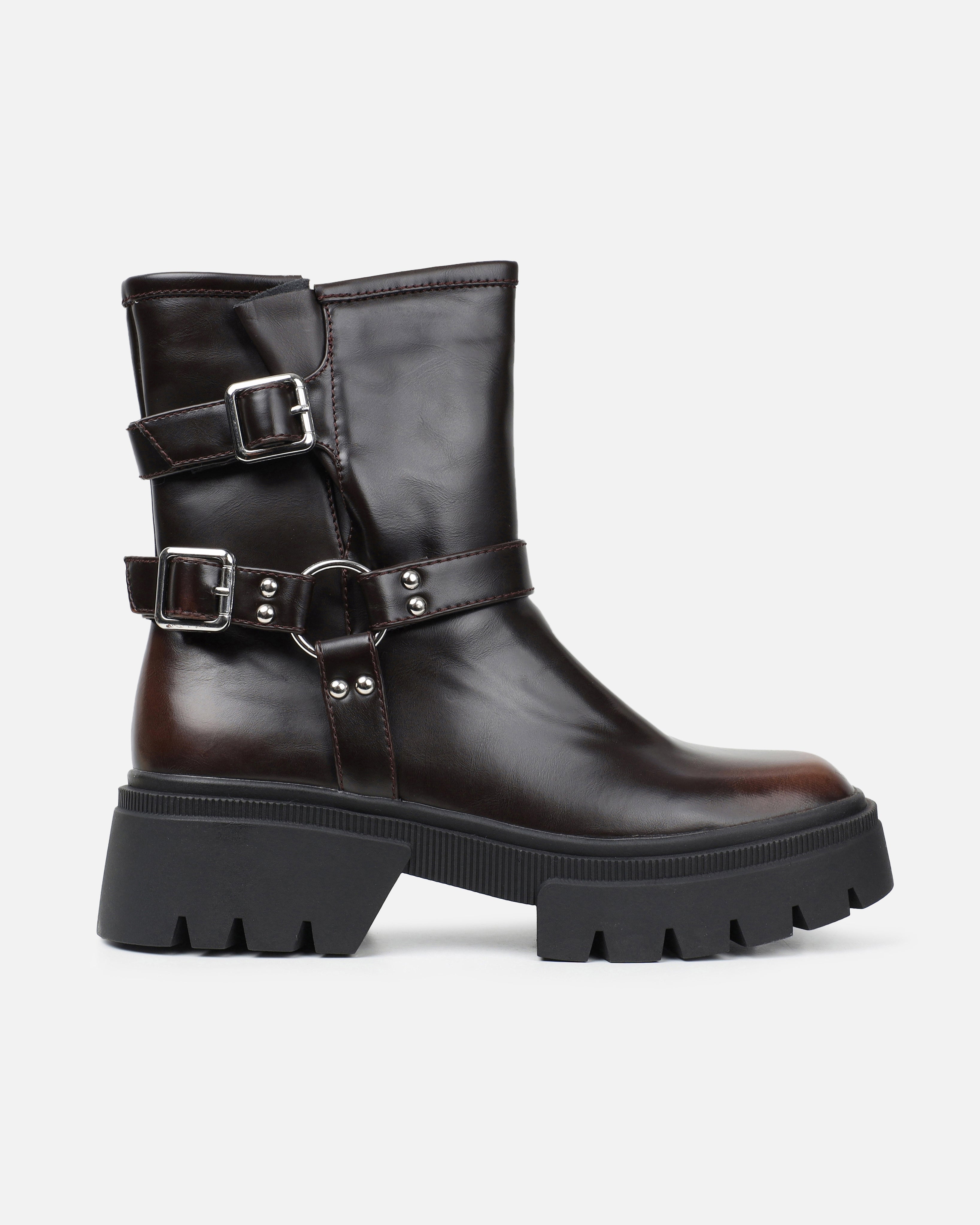 Alpesh Brown Burnished Chunky Biker Boots | SIMMI London