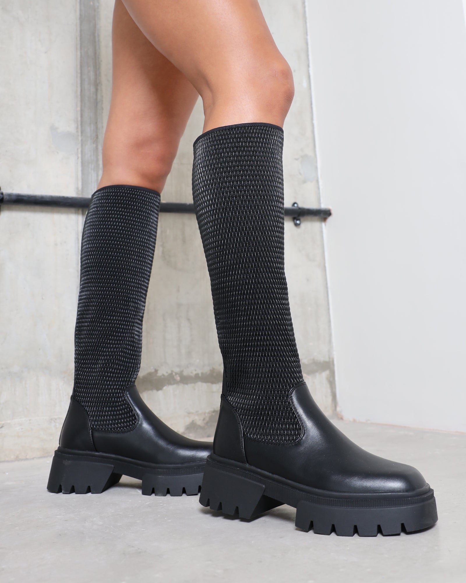 Fidel Black Textured Chunky Knee Boots