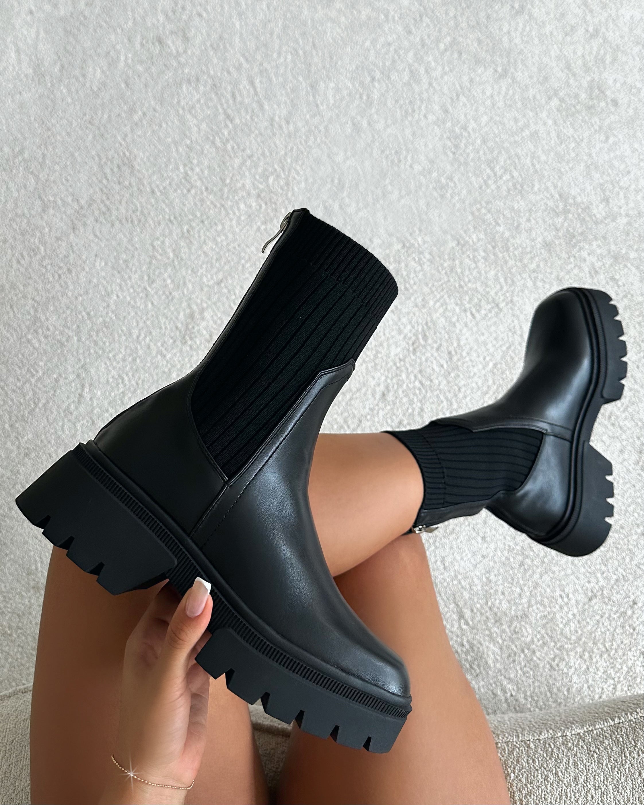Malakai Black Knit Chunky Ankle Boots | SIMMI London