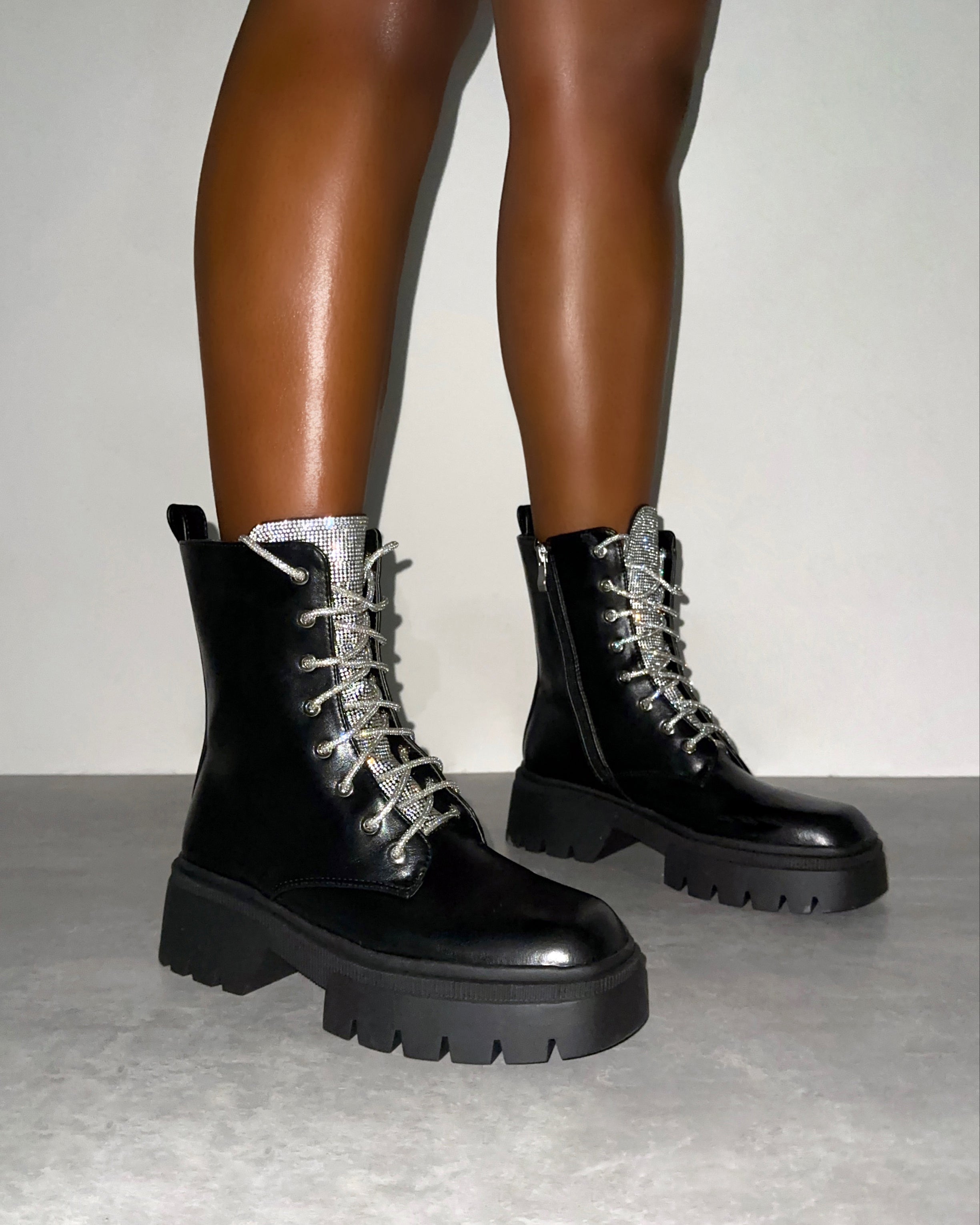 Bryn Black Diamante Lace Up Flat Ankle Boots | SIMMI London