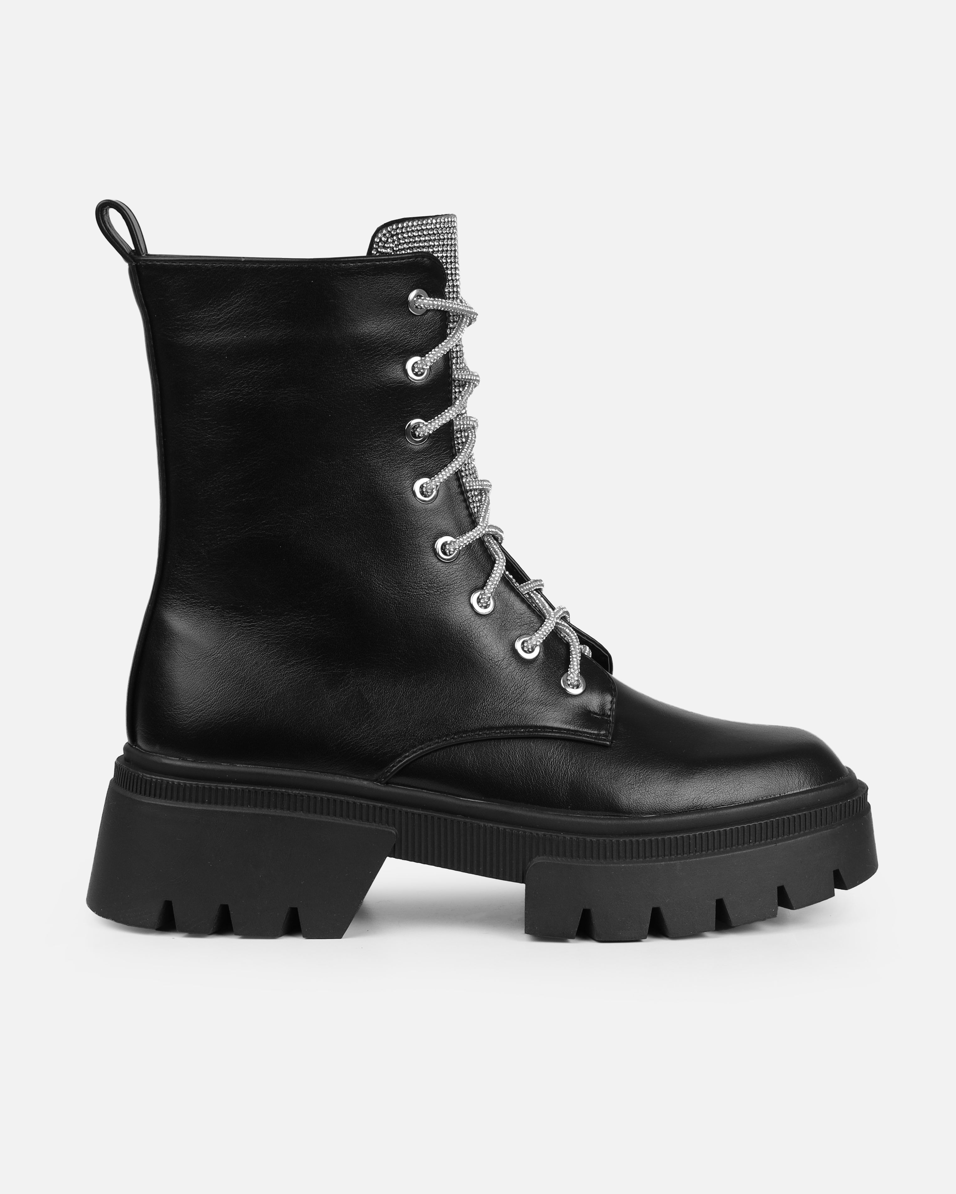 Bryn Black Diamante Lace Up Flat Ankle Boots | SIMMI London