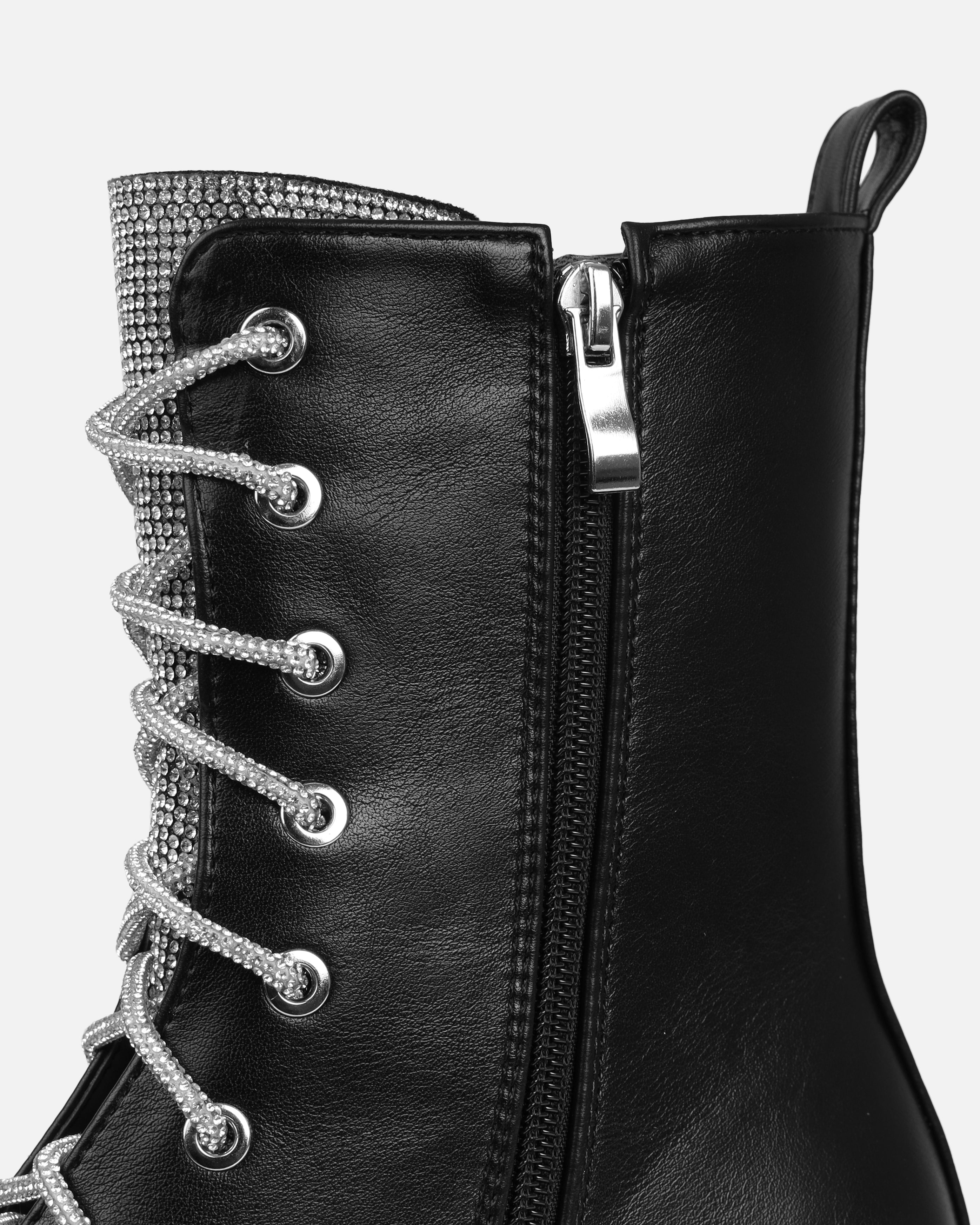 Bryn Black Diamante Lace Up Flat Ankle Boots | SIMMI London