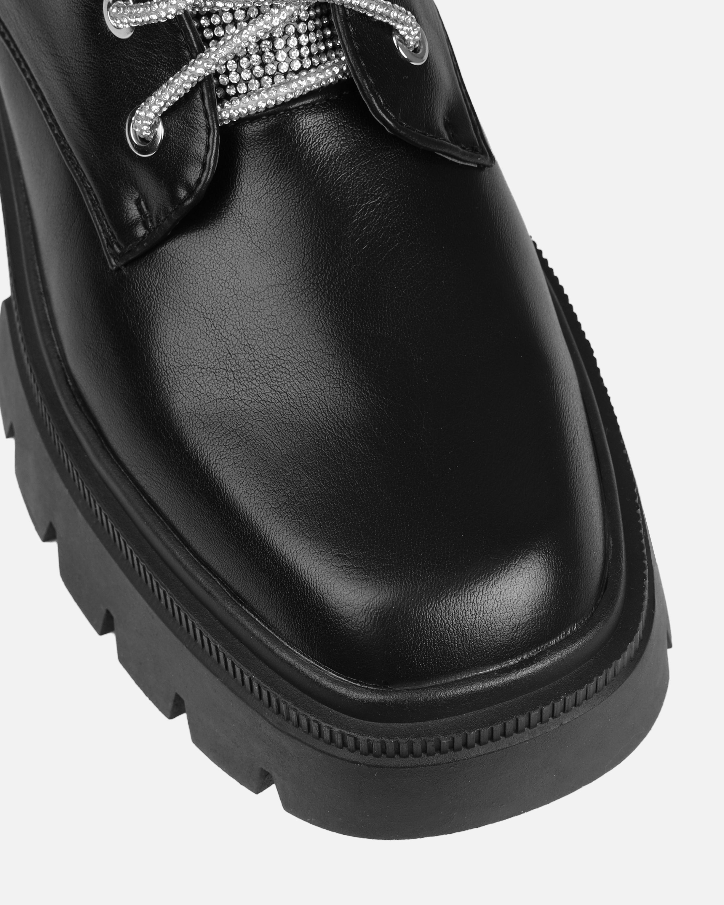 Bryn Black Diamante Lace Up Flat Ankle Boots | SIMMI London