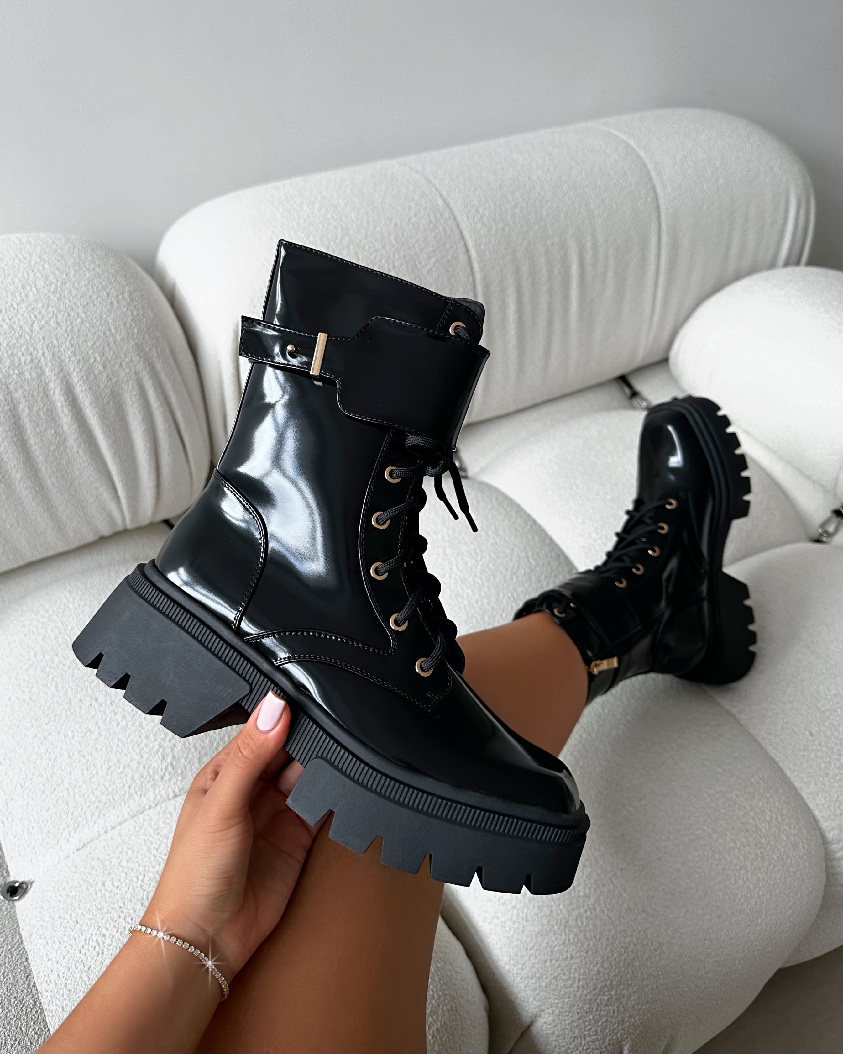Dafydd Black Chunky Flat Lace Up Combat Boots | SIMMI London